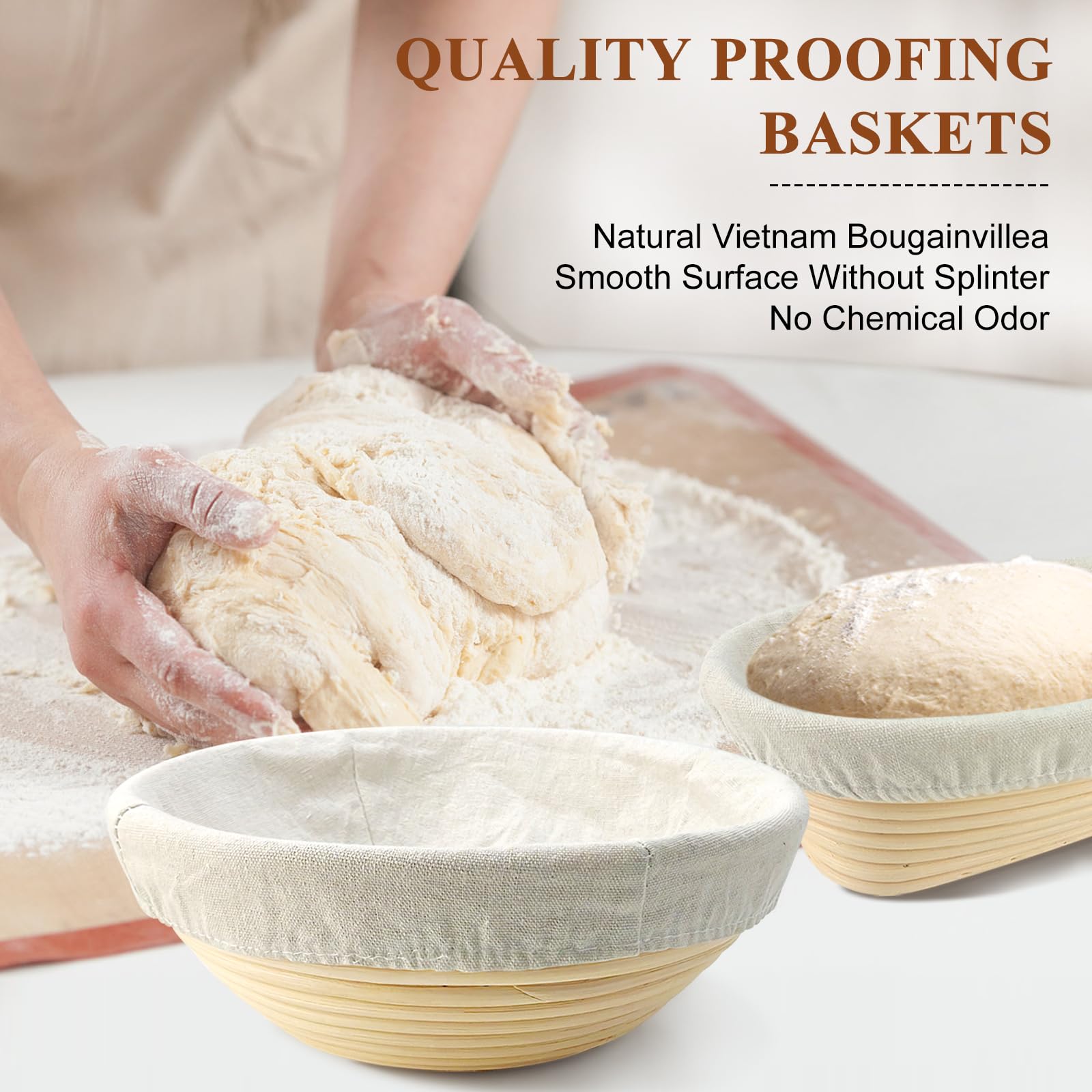 Sourdough Bread Baking Supplies: 9 Inch Round & 10 Inch Oval Banneton Bread Proofing Baskets w/Liner, Bread Lame, Dough Scrapers