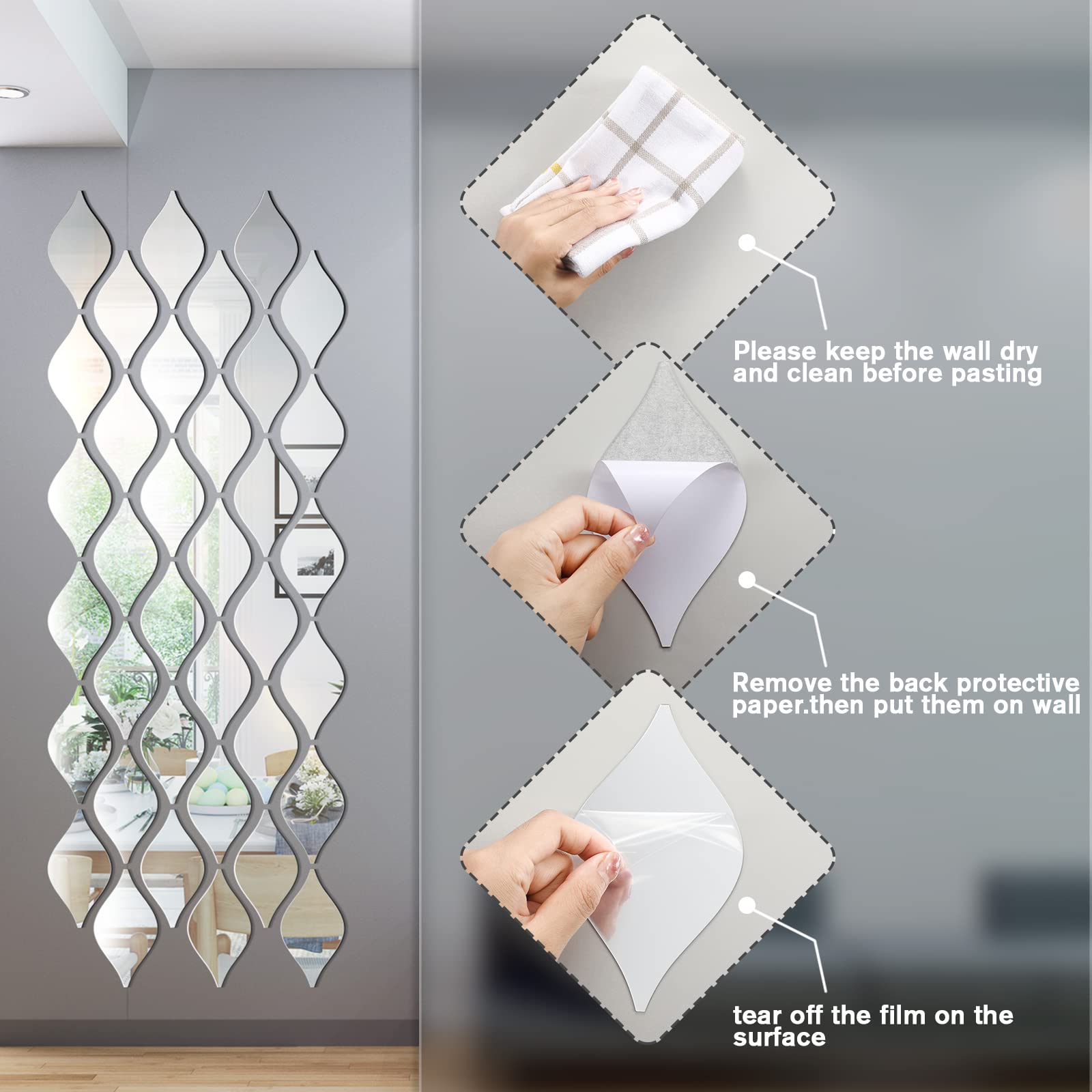 Weysat 30 Pcs Teardrop Mirror Stickers Wall Decor Removable Acrylic Mirror Wall Stickers 3D Mirror Wall Art Decals For Living Ro