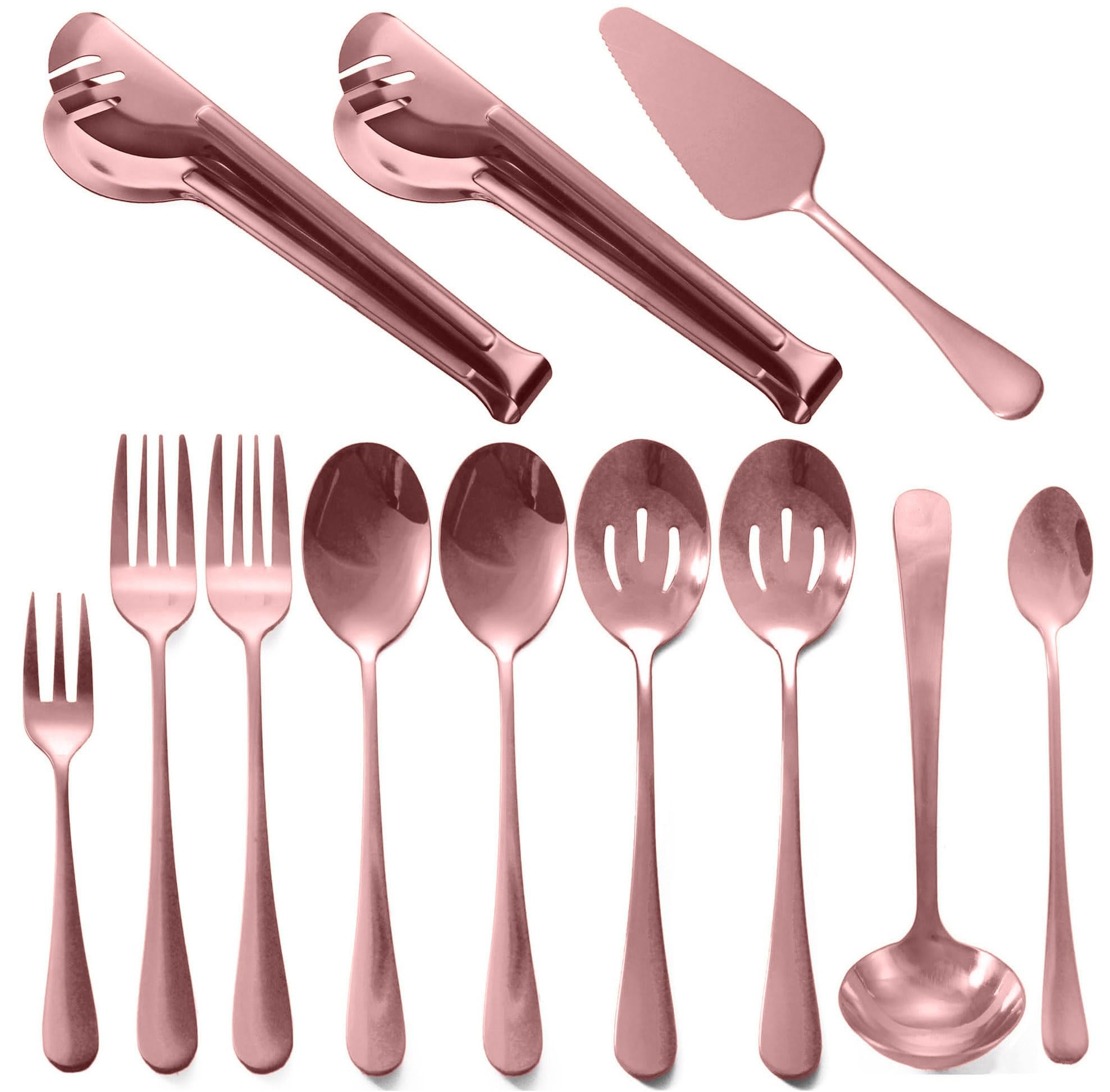 Dnalrhoi Rose Gold Buffet Party Serving Utensils Set 12 Pieces Copper Stainless Steel Flatware Silverware Set, Includes Serving 