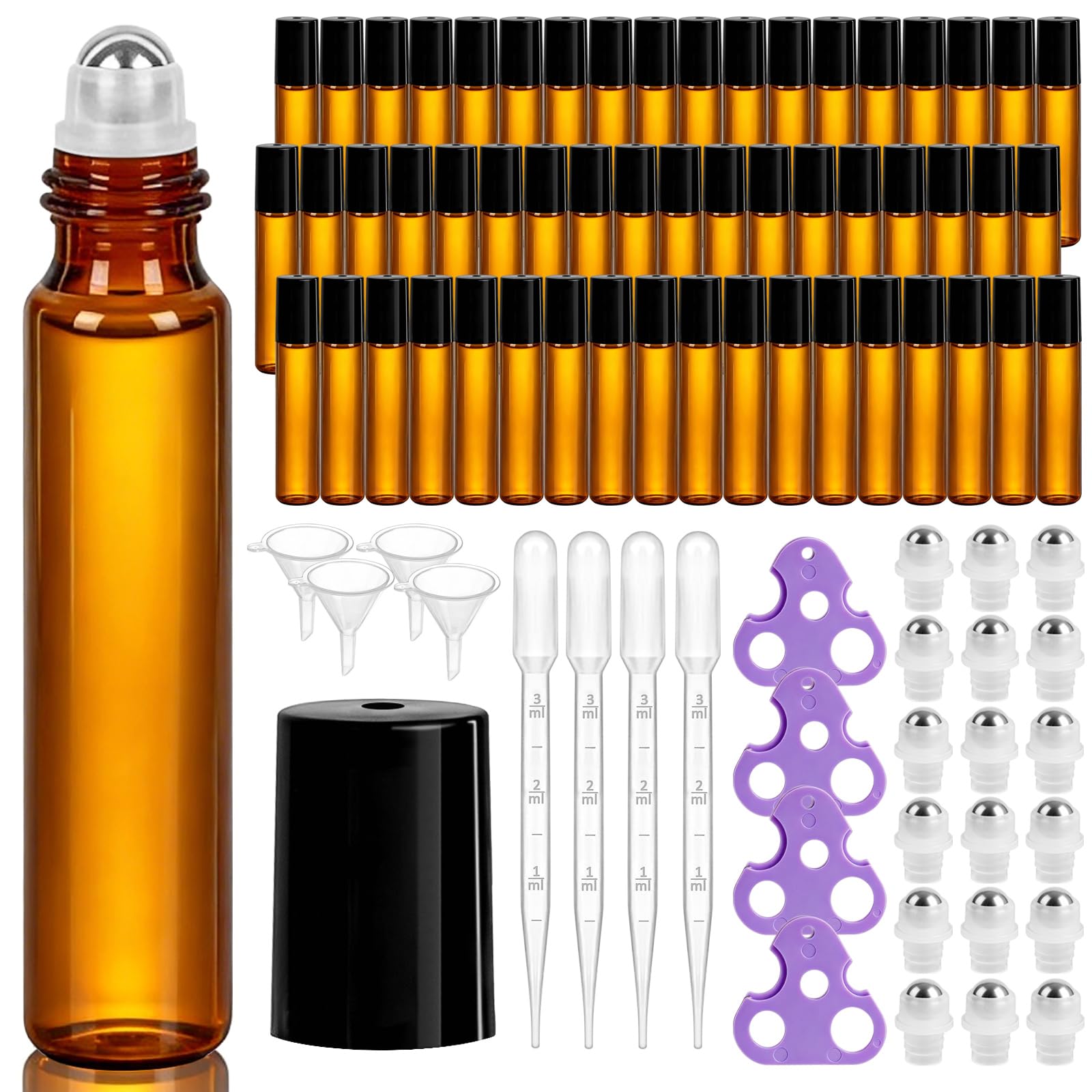 GGOLDMER 54 Pack Roller Bottles for Essential Oils, 10ml Amber Glass RollOn Bottles with Stainless Steel Roller Balls for Daily