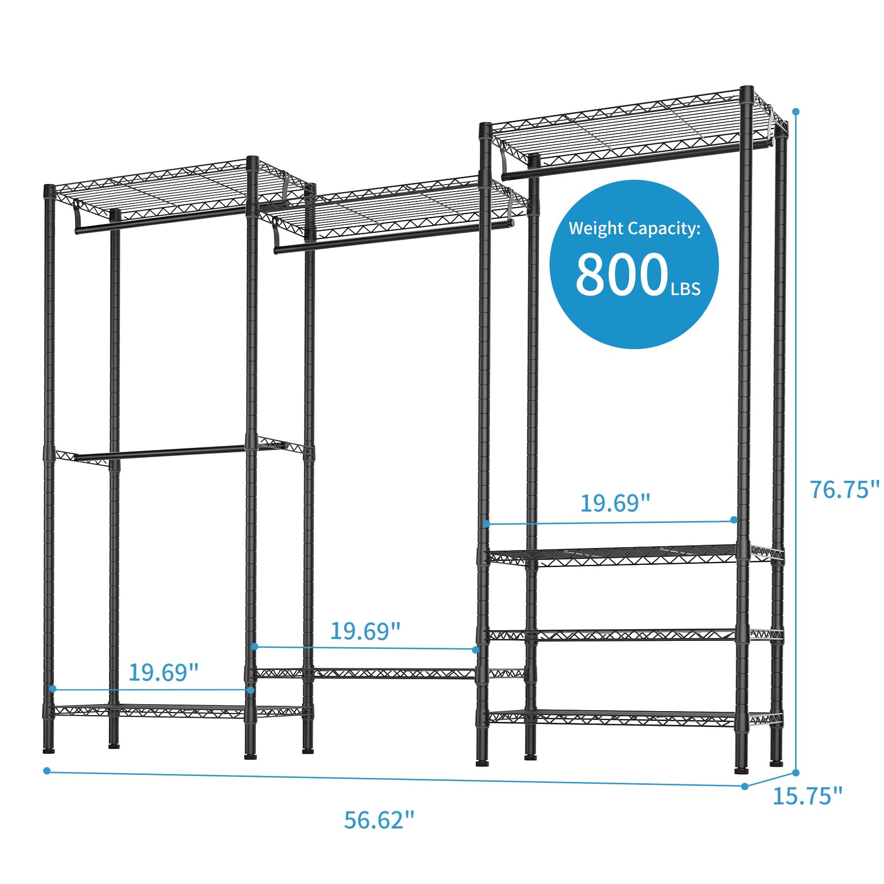 Heavy Duty Garment Rack Large Clothes Rack,Freestanding Closet Portable Clothing Rack With 8 Adjustable Wire Shelves And 4 Hang