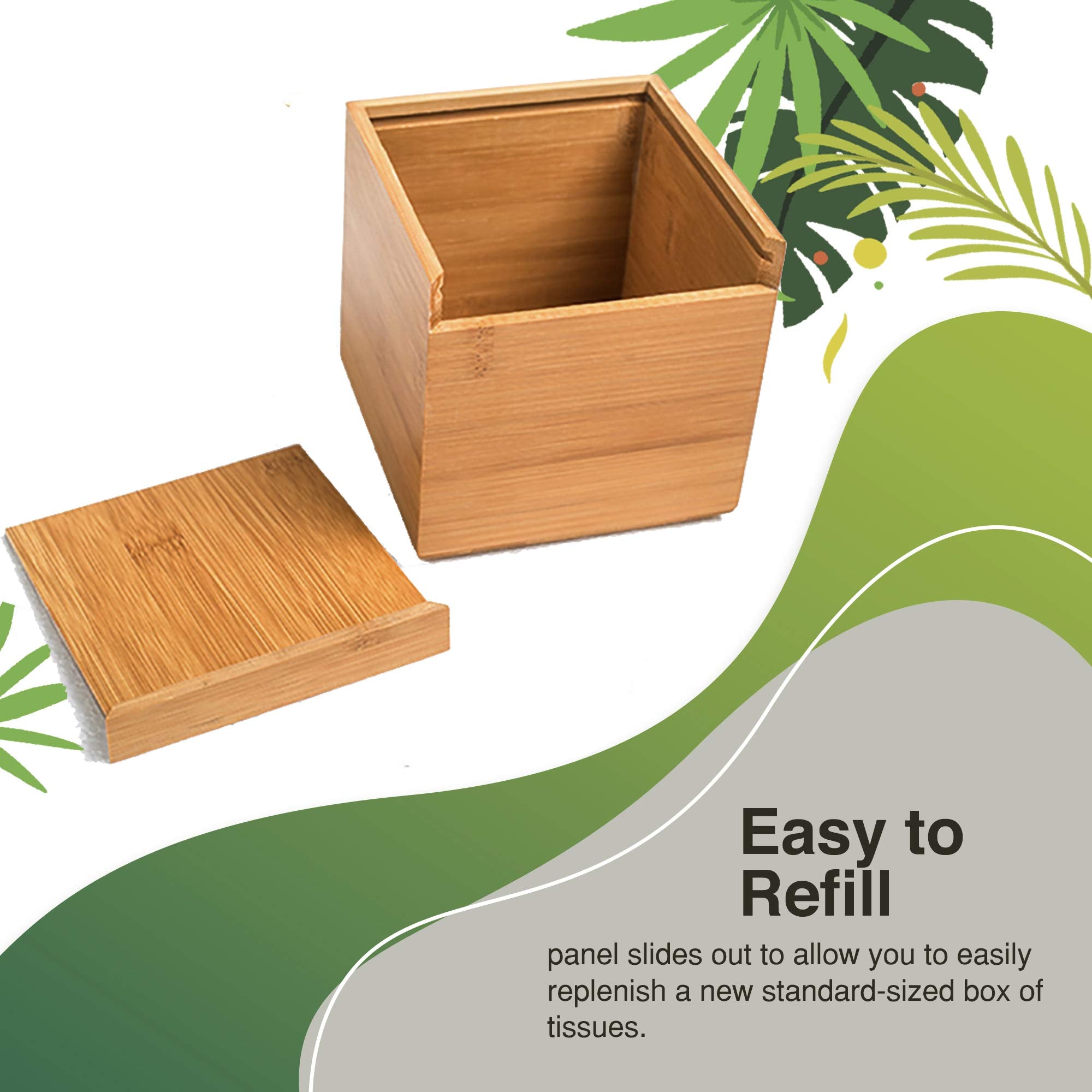 Performore Square Bamboo Tissue Box Cover - Stylish Water-Resistant Wooden Facial Tissue Holder For Bathroom, Office Desk & Nigh