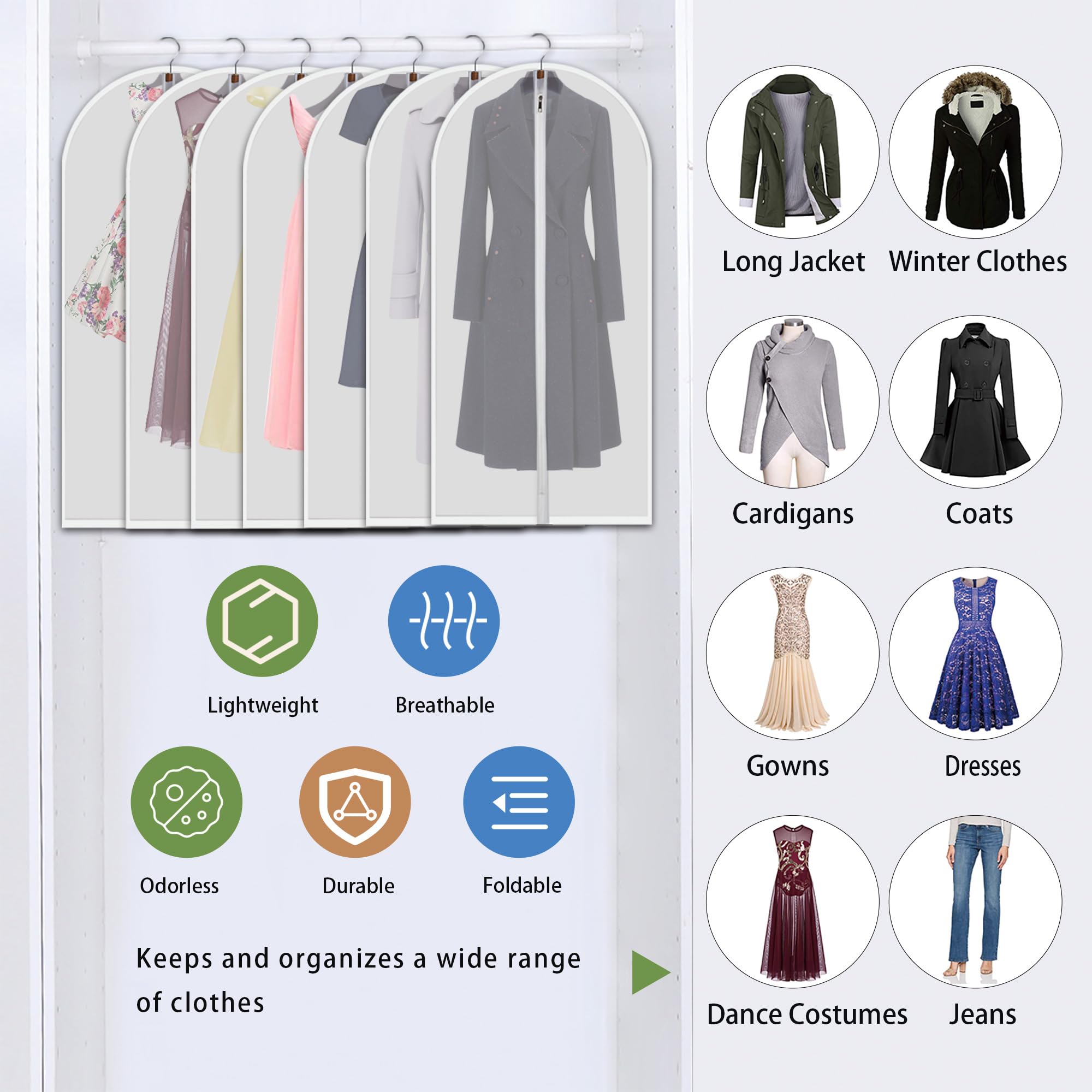 Vosigreen Hanging Garment Bags 12 Piece Set - 60 Inch Translucent Dust Proof Clothes Bag White Breathable Full Zipper Dust Cover