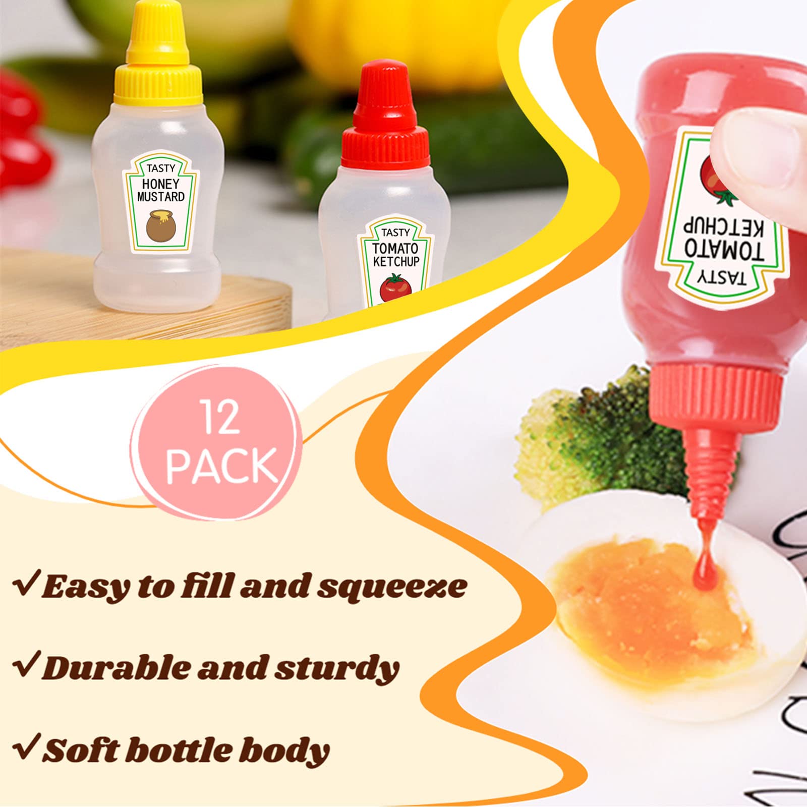 Xuyyicao 12 Pcs Mini Ketchup Bottles,25Ml Condiment Squeeze Bottles,Plastic Sauce Container For Kids,Office,Bento Box,Picnic,Hon