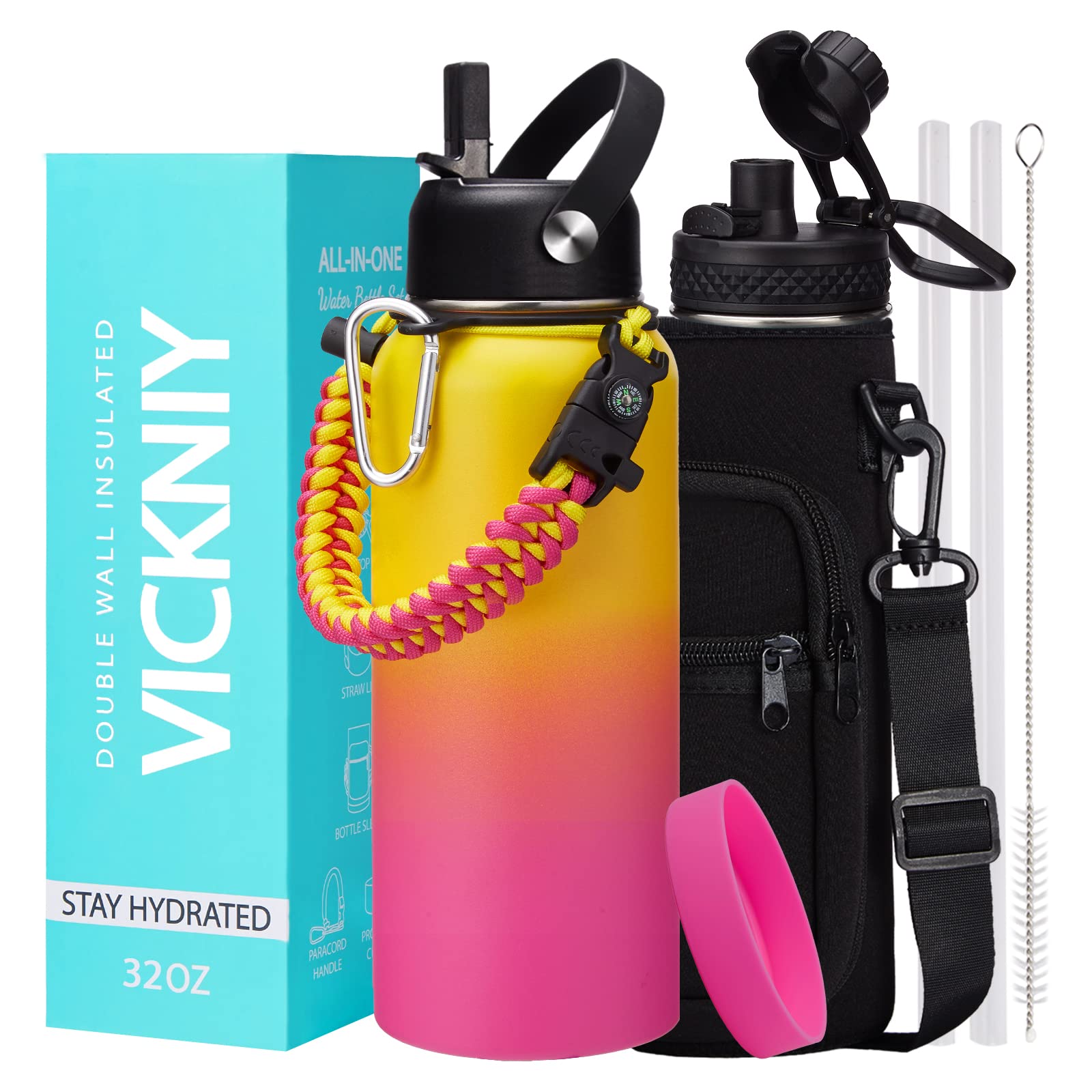 Stainless Steel Water Bottles 32Oz - Cold-48H Hot-24H Insulated Water Bottle With Straw & Auto Spout Lid, Carrier Bag & Protecti