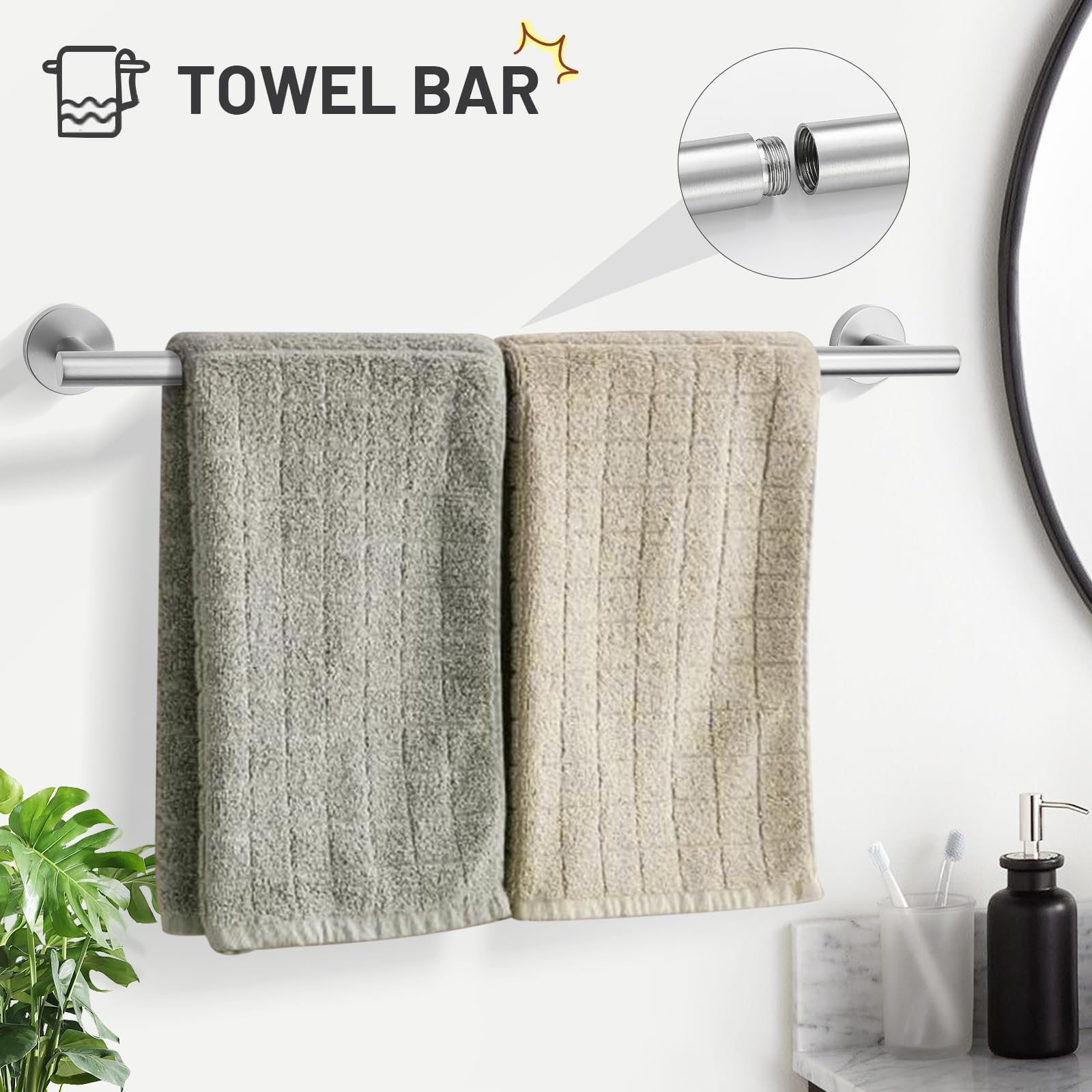 Turs Brushed Steel 5 Piece Bathroom Hardware Set, Sus304 Stainless Steel Bath Towel Bar Set, 24 Inch Bathroom Accessories Kit Wa