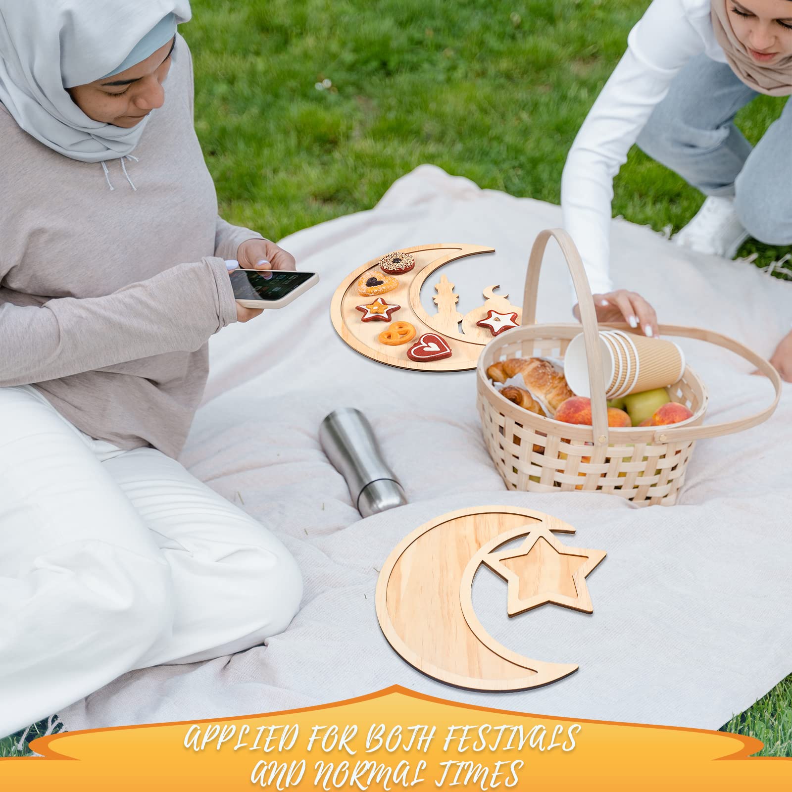2 Pieces Ramadan Tray Eid Mubarak Tray Wooden Star Moon Shaped Ramadan Tray Islam Wooden Artistic Moon Star Dessert Tray Ramadan