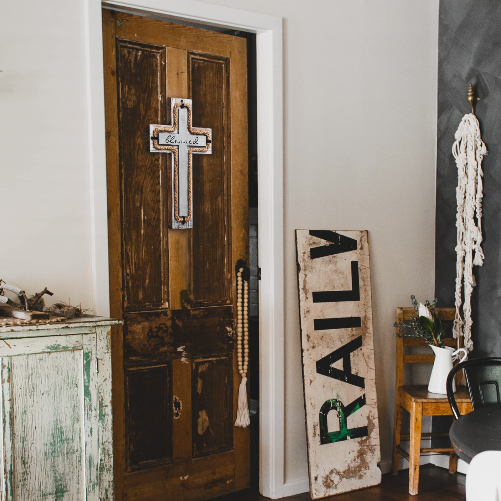OKSQW Wall Wooden Cross with Wooden Base Christians Crosses Spiritual Religious Cross Christmas Wall Hanging Handmade Wood Hemp
