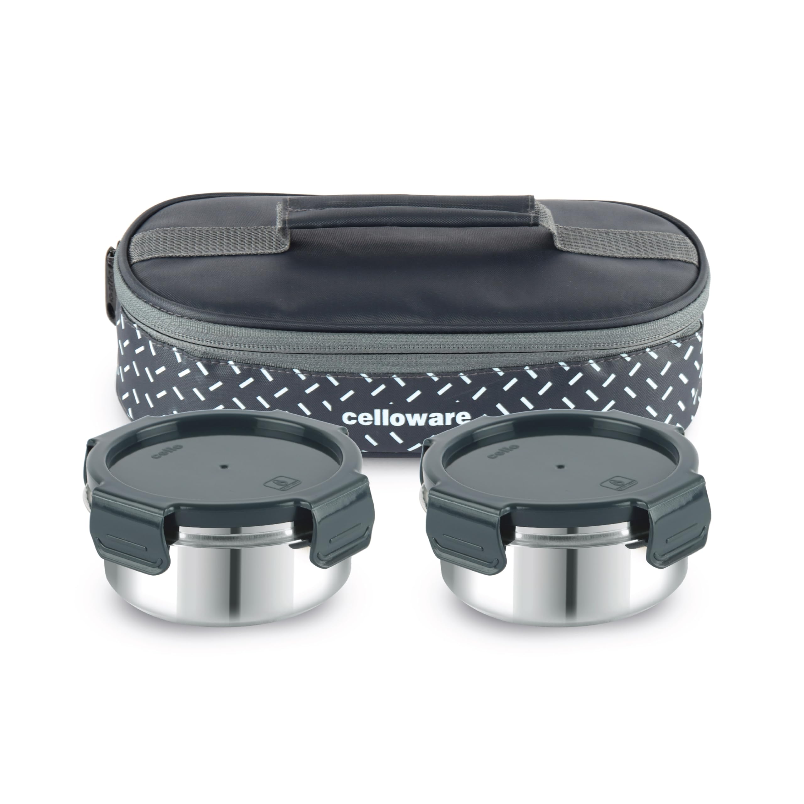 Cello Mf Freshpro Stainless Steel Lunch Box Set With Bag, Grey | 2 X 300Ml Round Steel Container | Food Grade, Bpa Free | Air Ti