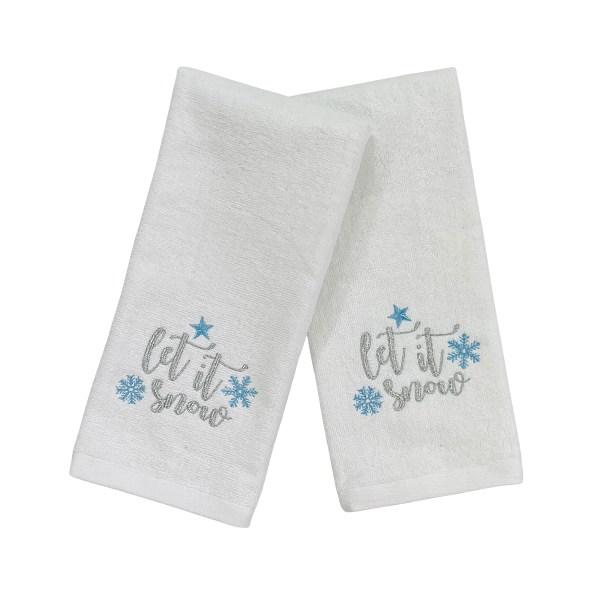 Serafina Home Christmas Guest Hand Towels: Beige Plush Terry Cotton Embroidered Blue Snowflake On White