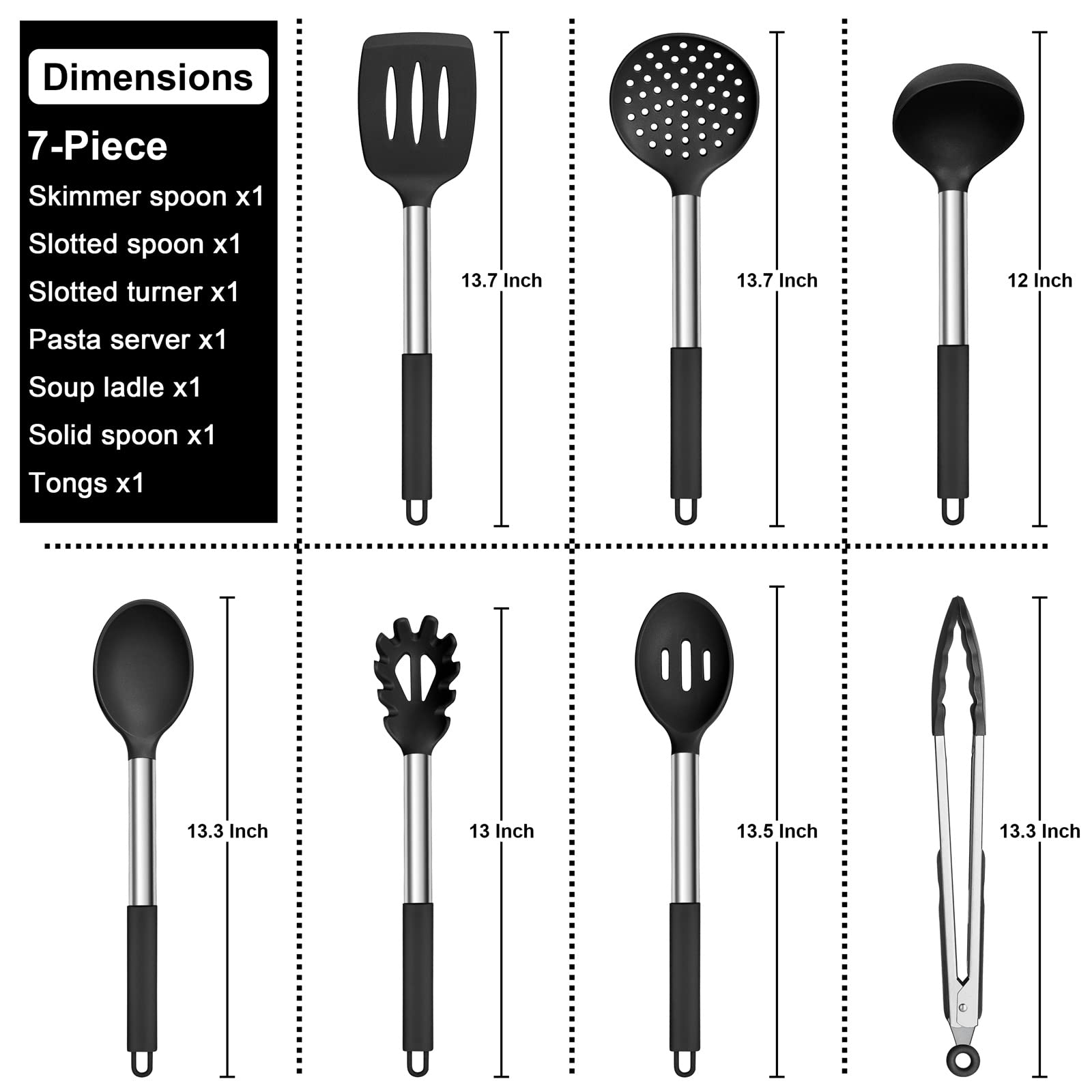 E-Far Silicone Cooking Utensils Set, 7 Pcs Heat Resistant Kitchen Utensils With Stainless Steel Handle, Slotted Turner, Spoon, S