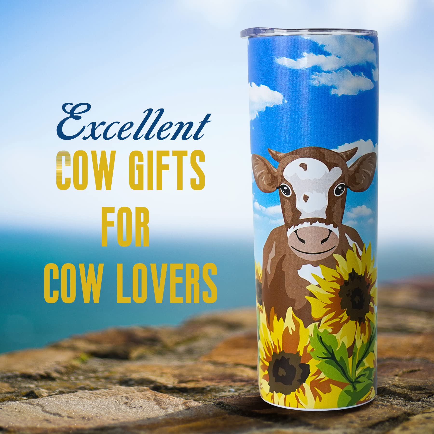 Sunflower Cow Tumbler-Cow Gifts For Women -Insulated Cute Cow Cup, Skinny Tumbler, Coffee Travel Mug, Water Bottle- Birthday Sun