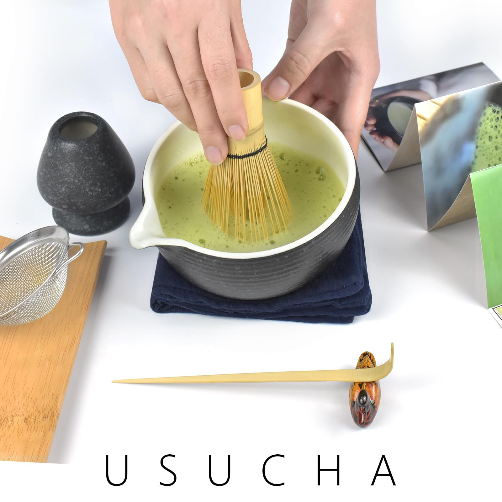Artcome Bluestone Glaze Matcha Kit For Japanese Tea Ceremony, Bowl With Pouring Spout, Whisk, Tea Scoop, Matcha Powder Strainer,