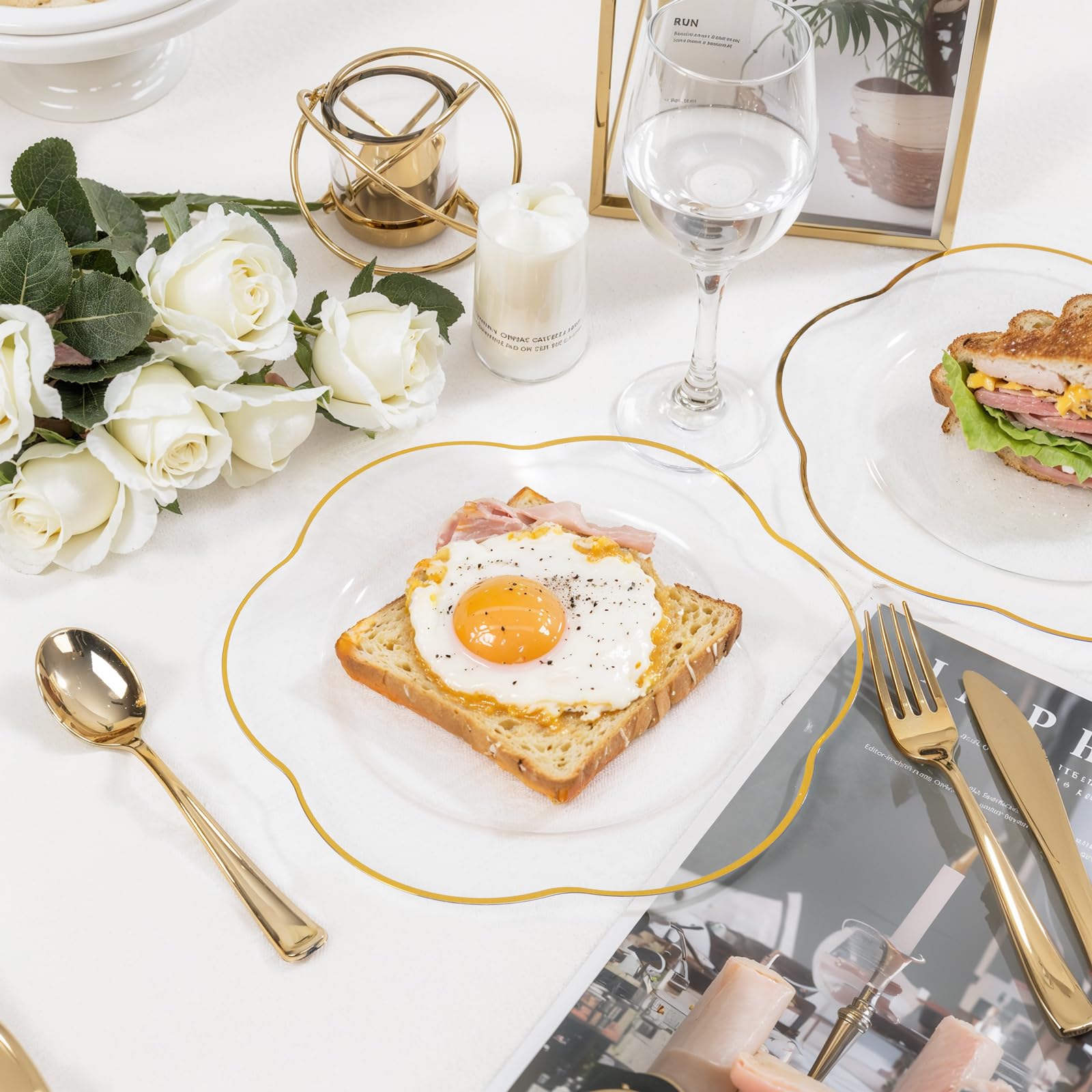 Liacere 100PCS Clear Plastic Plates - Clear and Gold Disposable Dinner Plates - 10inch Heavy Duty Gold Dinner Plates, Perfect fo
