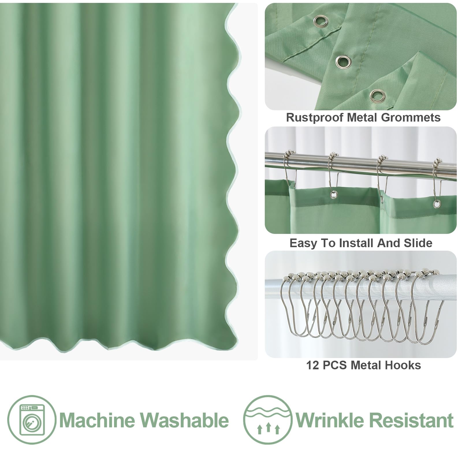Ortigia Green Scalloped Shower Curtain, Cute Boho Preppy Sage Green Shower Curtains Aesthetic Waterproof Fabric Shabby Chic Bath