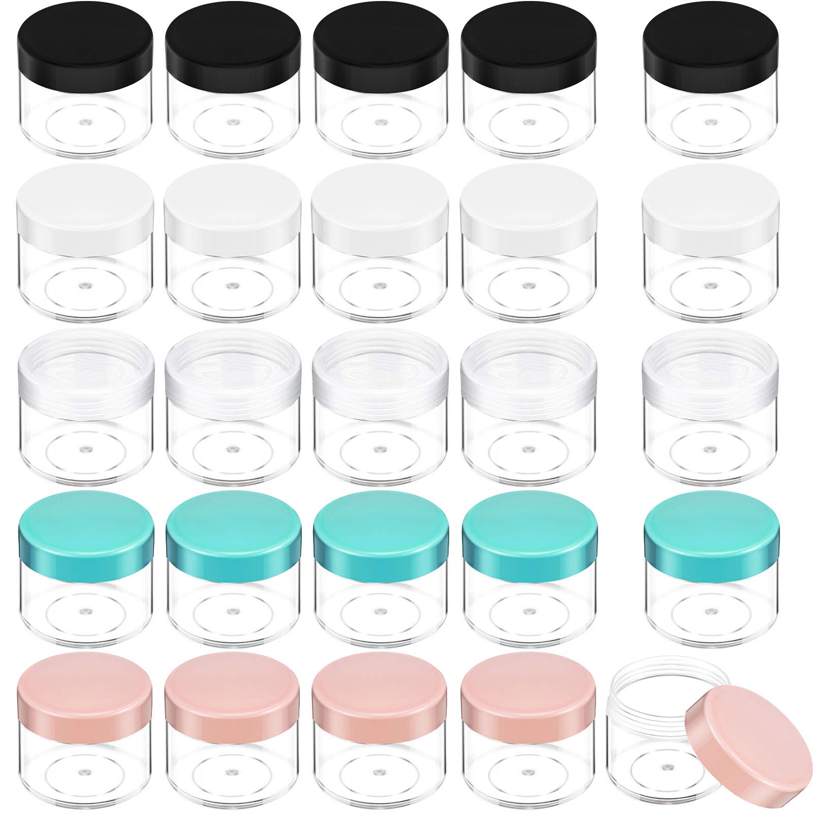 20 Pieces Round Pot Jars Plastic Cosmetic Containers Set With Lid For Liquid Creams Sample, 20 Ml/ 0.7 Oz (Black, White, Clear,