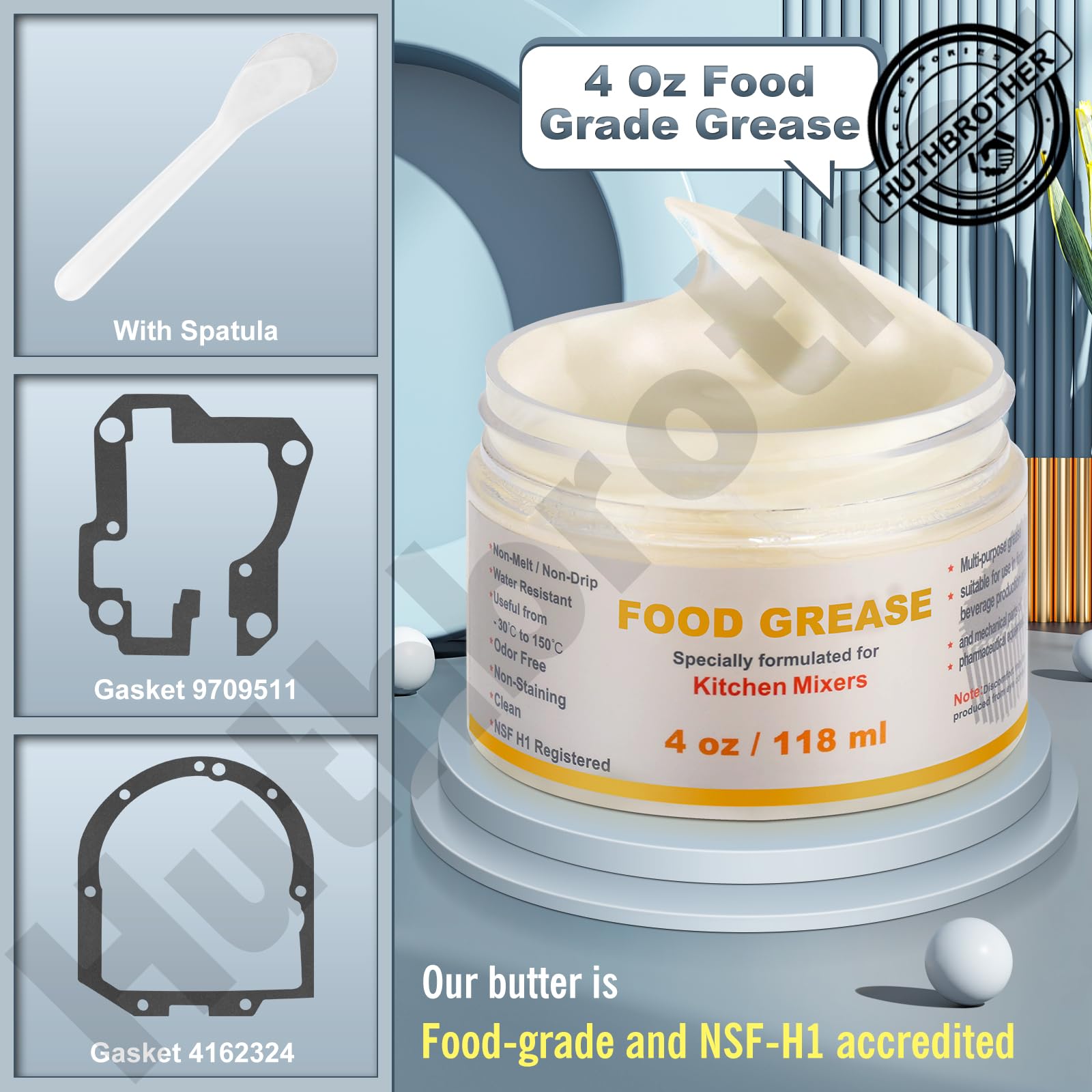 Huthbrother 4 Oz Food Grade Grease for KitchenAid Stand Mixer - NSF-H1 Accredited, Includes Gasket 9709511 & Spatula, White