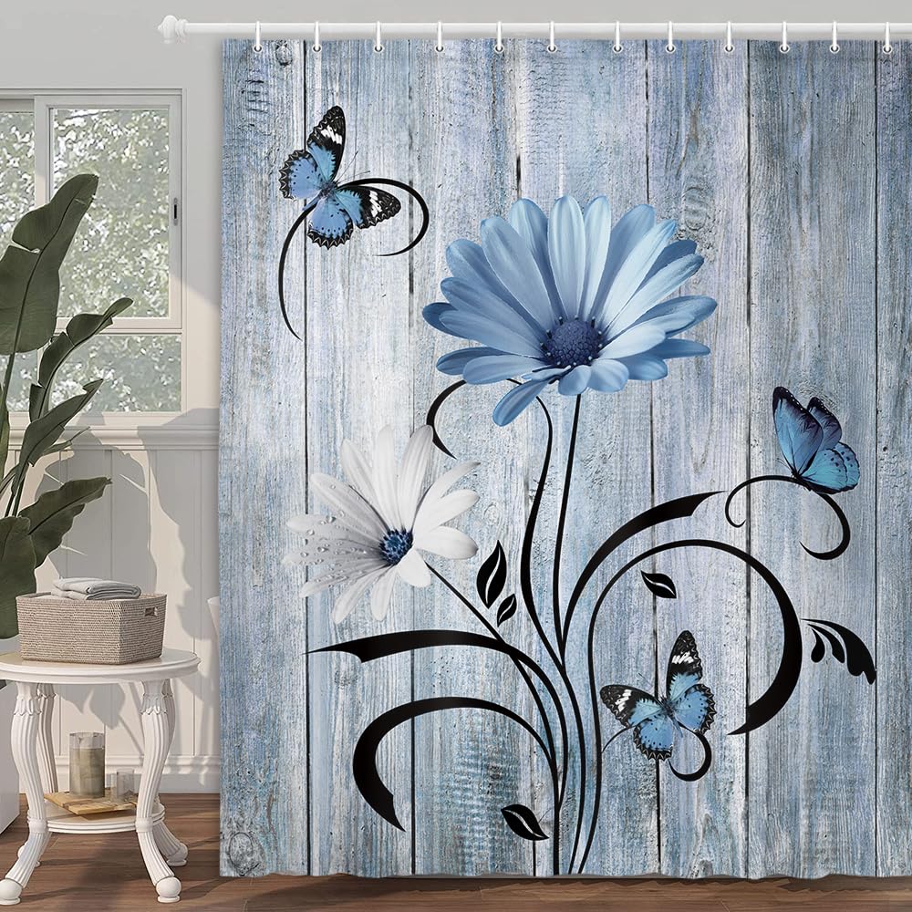 Rustic Farmhouse Floral Shower Curtain, Farm Boho Blue Daisy Flowers And Butterfly On Country Wooden Shower Curtain For Bathroom
