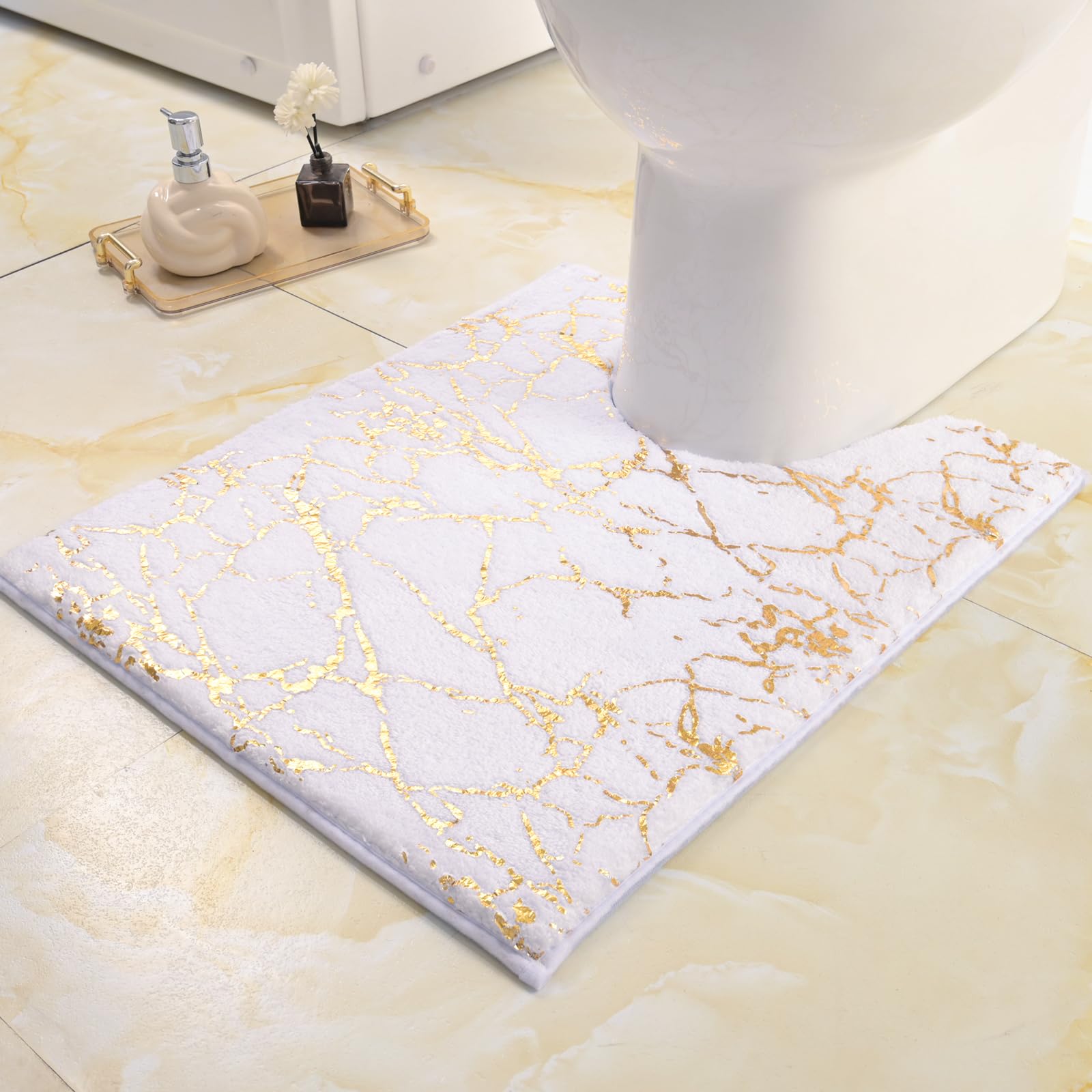 Qjhomo Toilet Rugs U Shaped White And Gold Bathroom Rugs, Gold Decor Toilet Mat Contour Bath Rug Marble Bathroom Accessories, Ex