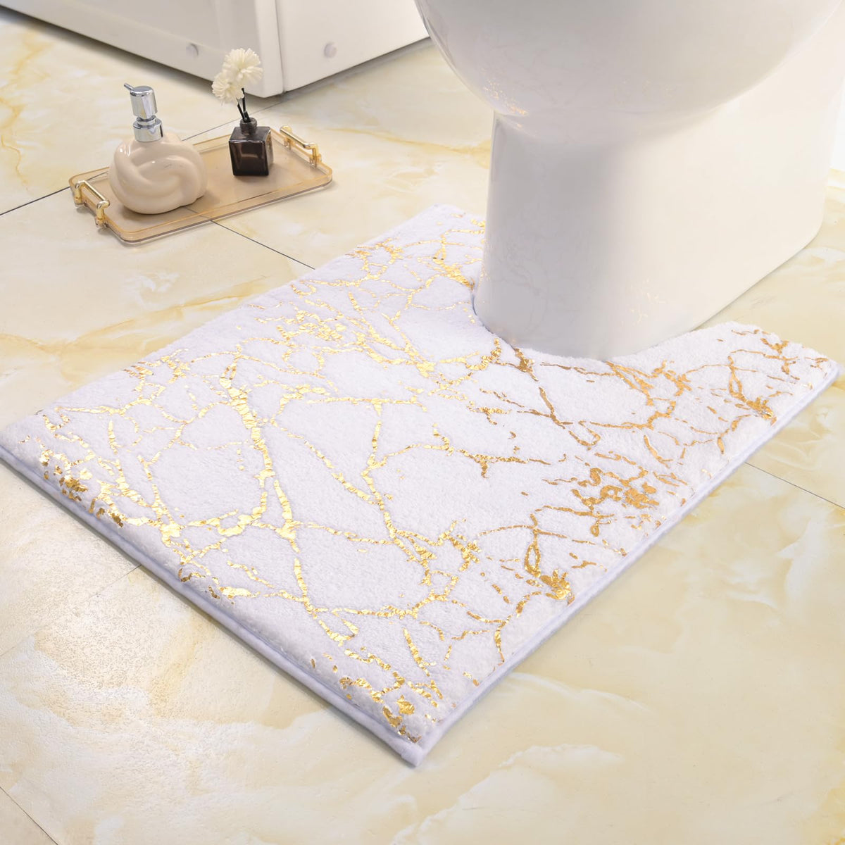 Qjhomo Toilet Rugs U Shaped White And Gold Bathroom Rugs, Gold Decor Toilet Mat Contour Bath Rug Marble Bathroom Accessories, Ex