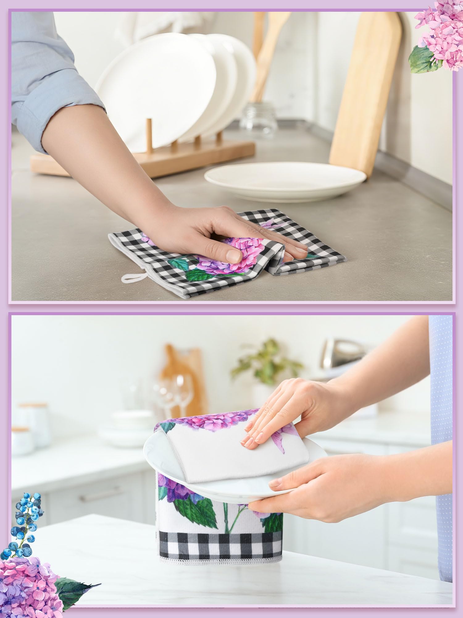 Bencailor 4 Pcs Purple Hydrangea Kitchen Towels Farmhouse Flower Floral Hand Dish Towels Butterfly Fast Drying Tea Cloths Housew