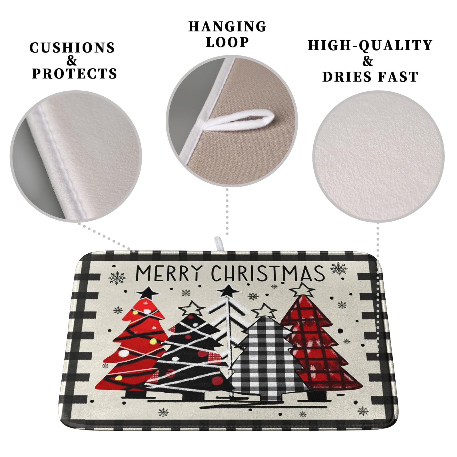Kwlegh Merry Christmas Dish Drying Mats for Kitchen Counter 16x18 Buffalo Plaid Christmas Tree Microfiber Absorbent Drying Mat S