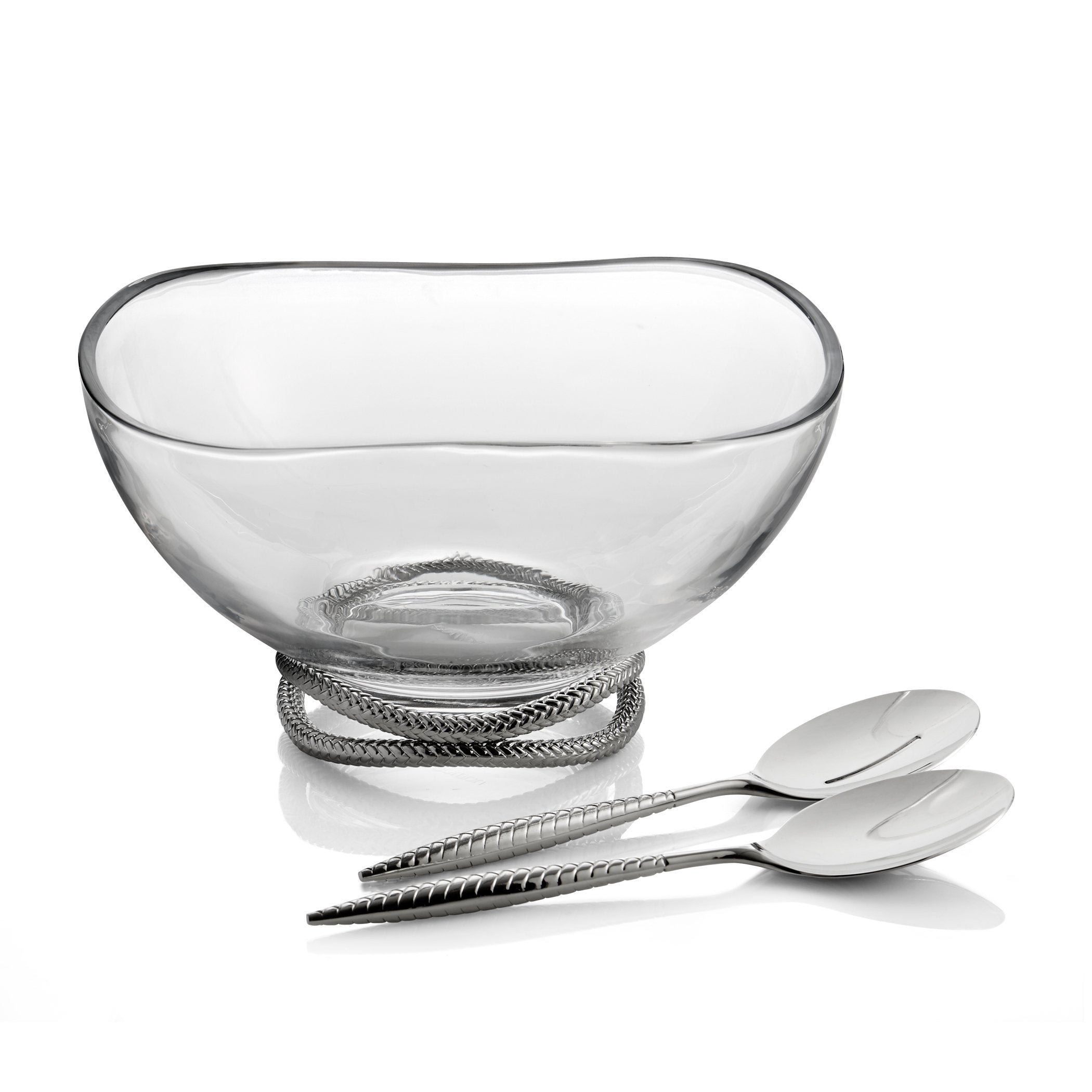nambe Braid Glass Salad Bowl with Servers | Large 12-Inch Mixing and Serving Dish | Thick Glass Bowl for Salads, Fruit, and More