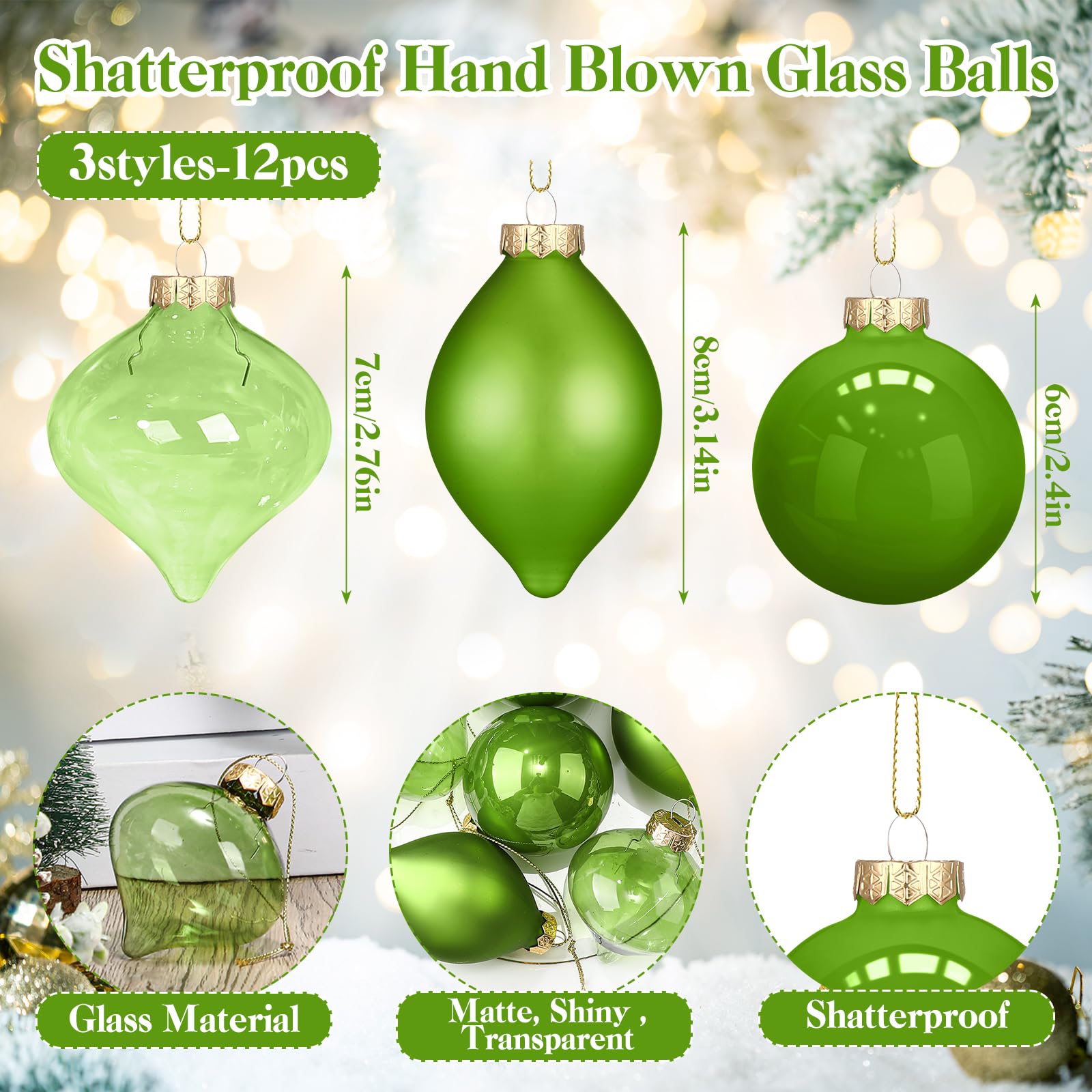 Zomiboo 12 Pcs Lime Green Glass Christmas Ball Ornaments Set 3.15 Hanging Shatterproof Glass Bulbs for Christmas Tree Baubles Bu