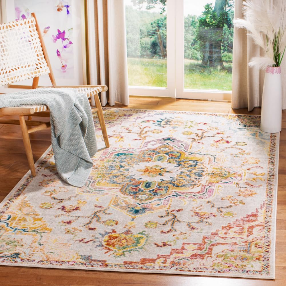 SAFAVIEH Crystal Collection Accent Rug - 4 x 6, Light Blue & Grey, Medallion Distressed Design, Non-Shedding & Easy Care, Idea
