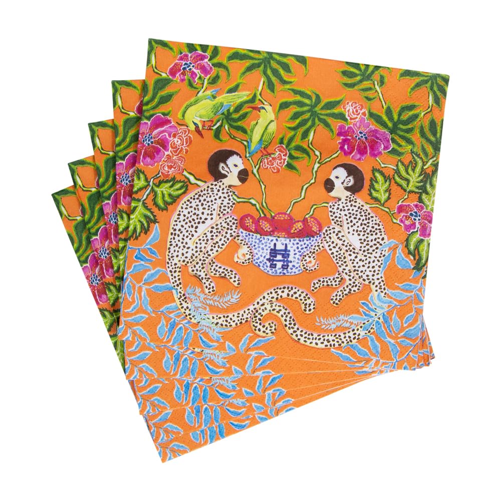 Caspari Monkeys Paper Luncheon Napkins in Orange - Two Packs of 20