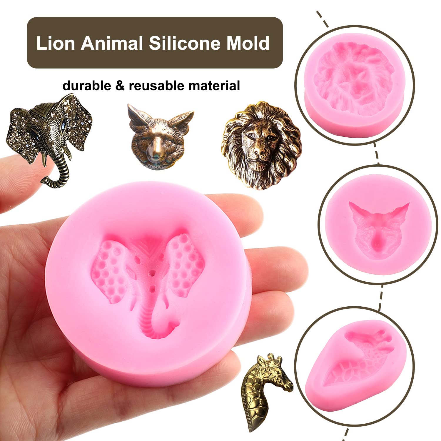 Zixiang Lion Head Silicone Molds Fox Giraffe Elephant Fondant Mold Animal Head Candy Mold For Cake Decorating Chocolate Polymer