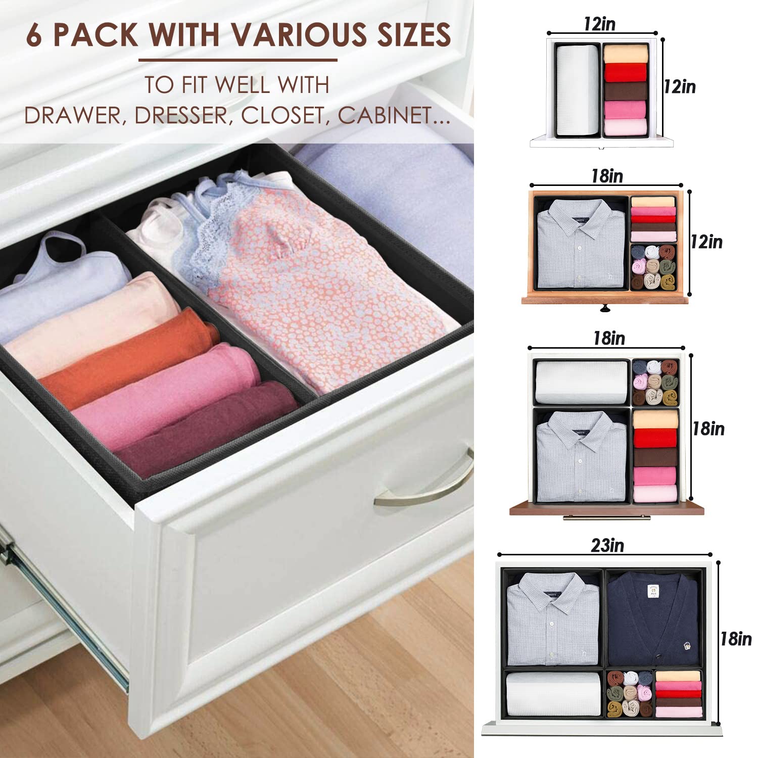 Criusia 6 Pack Clothes Drawer Organizer Dividers, Fabric Foldable Closet Dresser Drawer Organizer for Clothing, Bra Sock Underwe