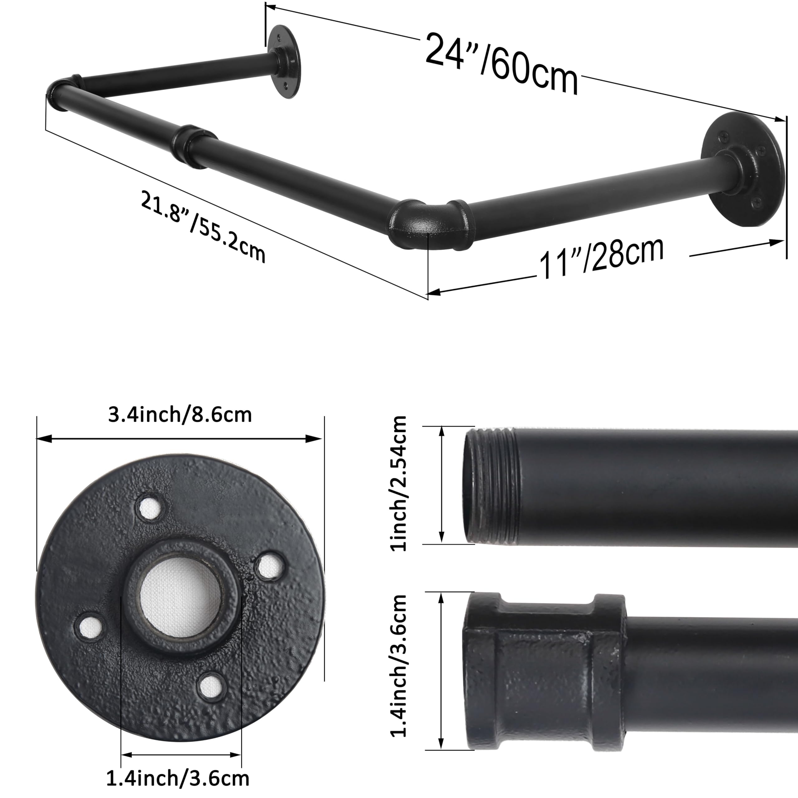 WEBI Clothing Rack Wall Mount 24'' Industrial Pipe Clothes Rack for Hanging Clothes Heavy Duty Iron Garment Rack Bar Retail Display Clothes Rod for Closet Laundry Room Black