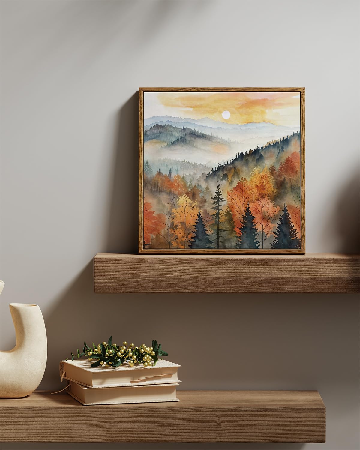 Insimsea Square Framed Canvas Wall Art, Nature Scenery Decor Farmhouse Quiet Forest Awakening Wall Art Prints, Autumn Fall Class
