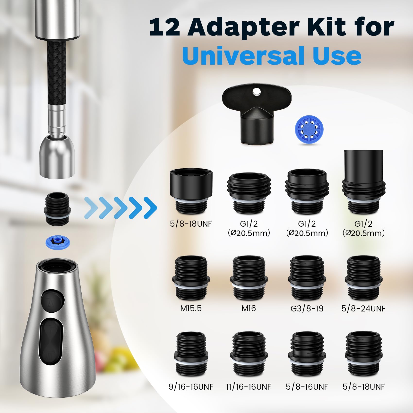 Kitchen Faucet Head Replacement 3 Modes With 12 Adapters, Pull Down Spray Head For Kitchen Faucet, Kitchen Sink Faucet Head G 1/