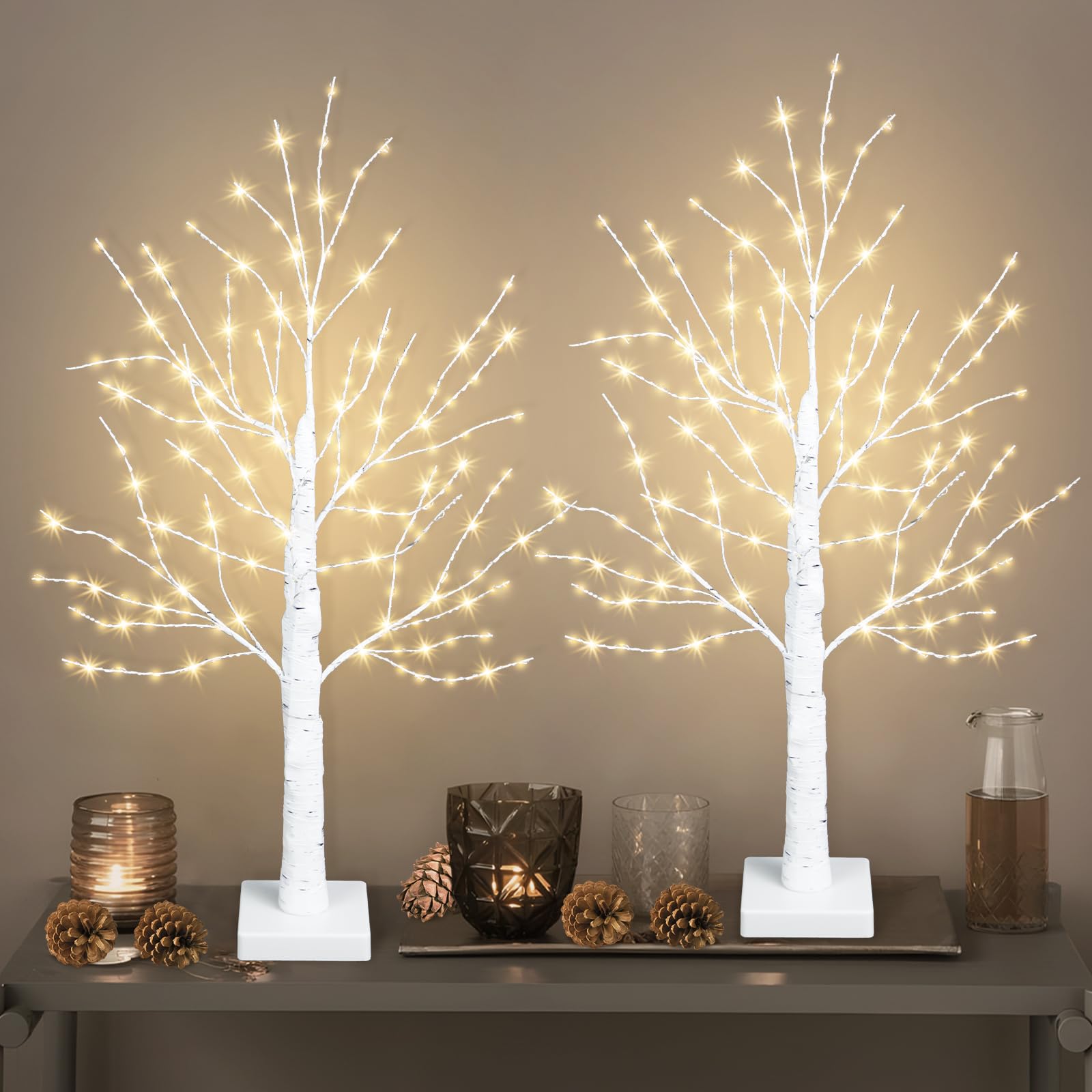 Uieke 2 Pack Lighted Birch Twig Tree with 288 LED Lights, 24inch Tabletop Artificial Twig Christmas Tree Battery Operated & Time