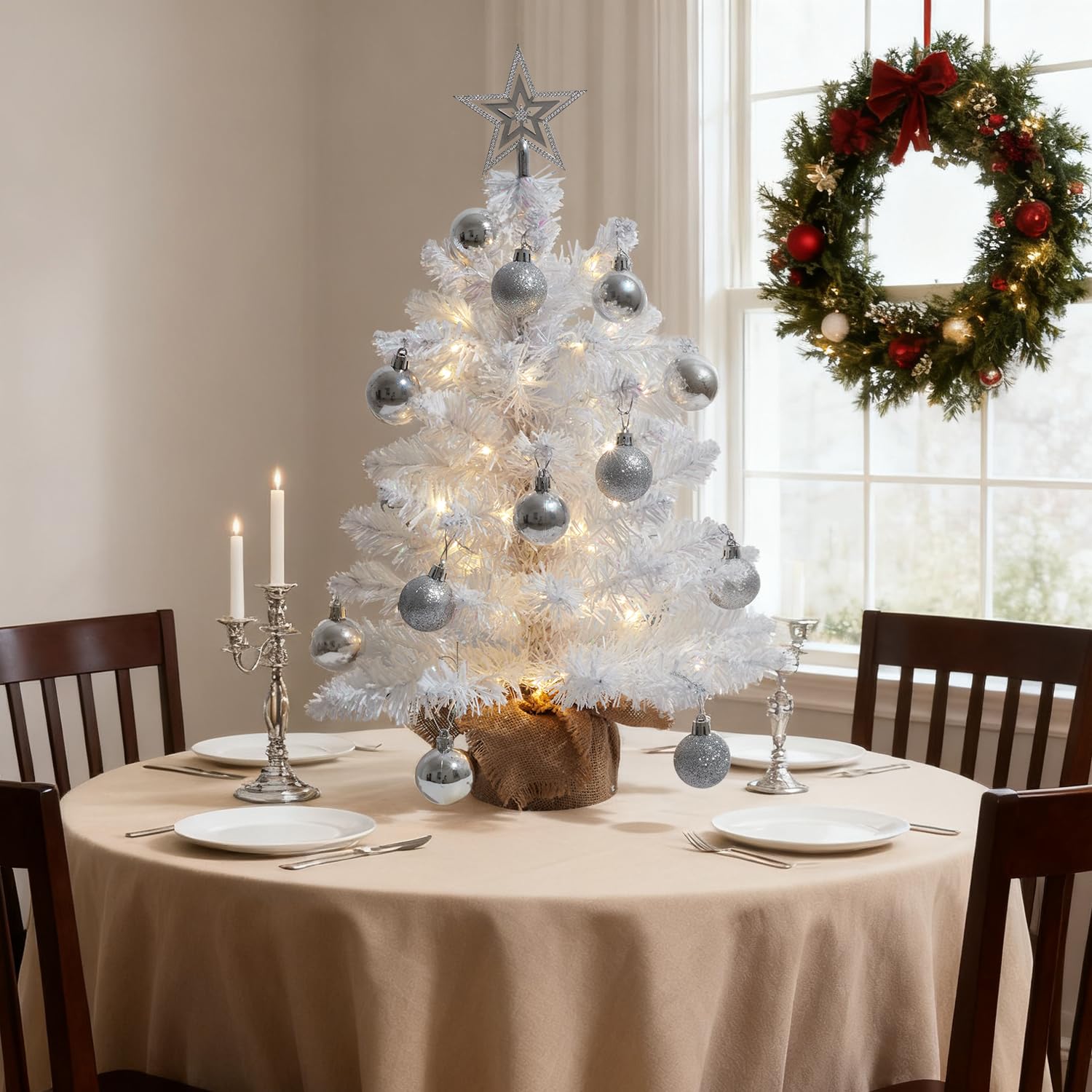 Tyynsst 20in Prelit Christmas Tree w/Warm White Lights, Small Flocked Artificial Christmas Tree, 50 Branch Tips, Ball & Star Orn