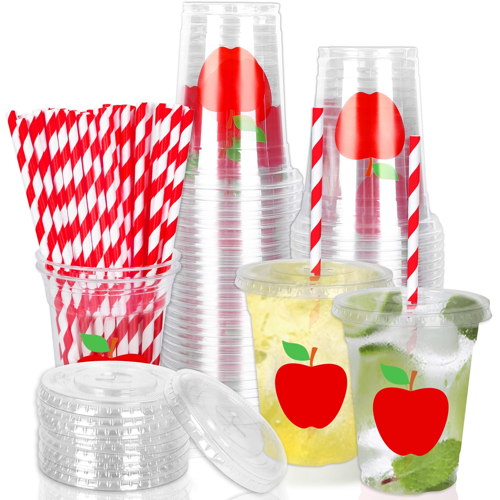 Whaline 50 Pcs Back to School Apples Disposable Plastic Cups with Lids and Straws 12 Oz Red Apples Cold Beverage Drinking Cups f