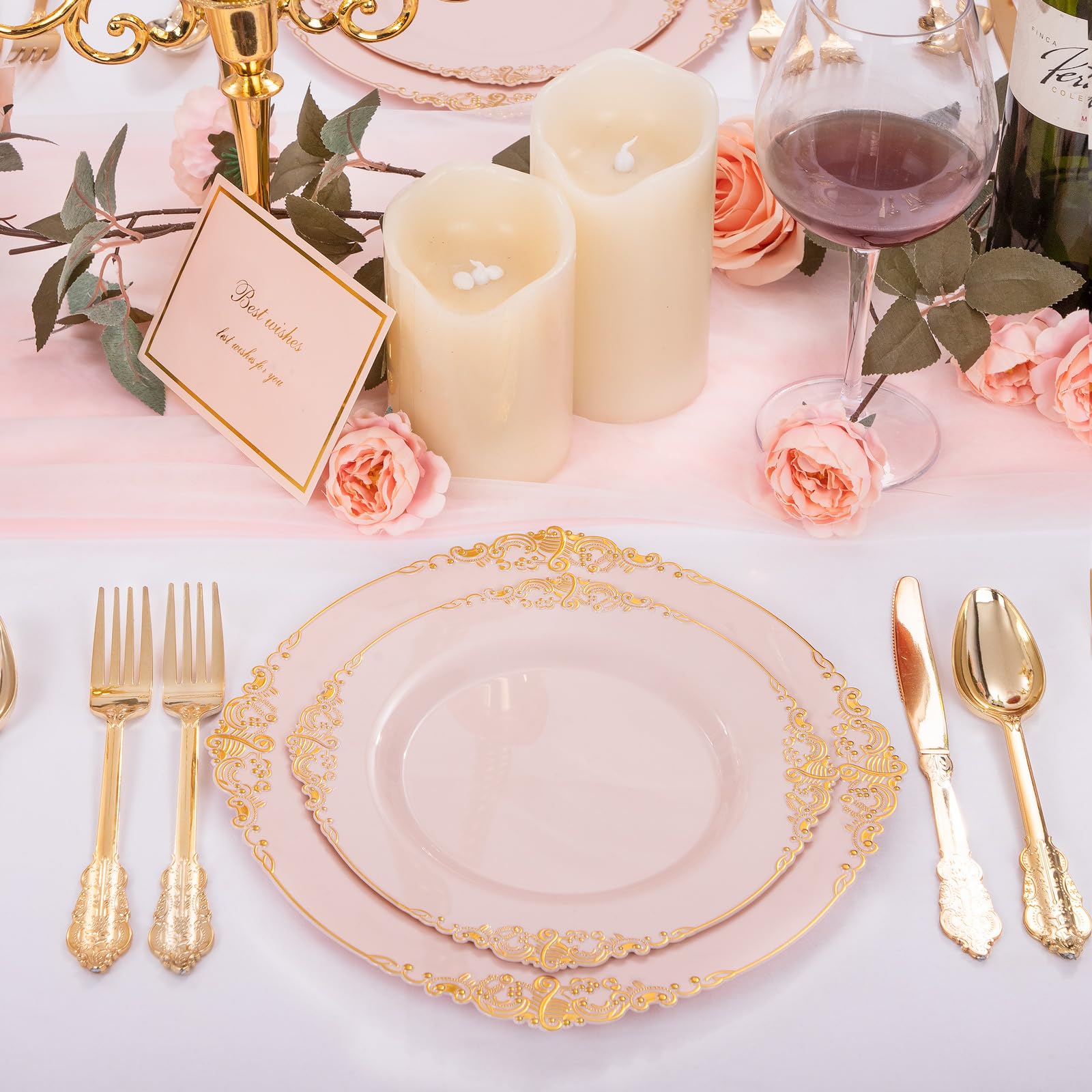 Joyido 102Pcs Pink Plastic Plates With Gold Rim - Pink Heavywight Disposable Dinner & Dessert Plates For 51 Guests Weddings & Va