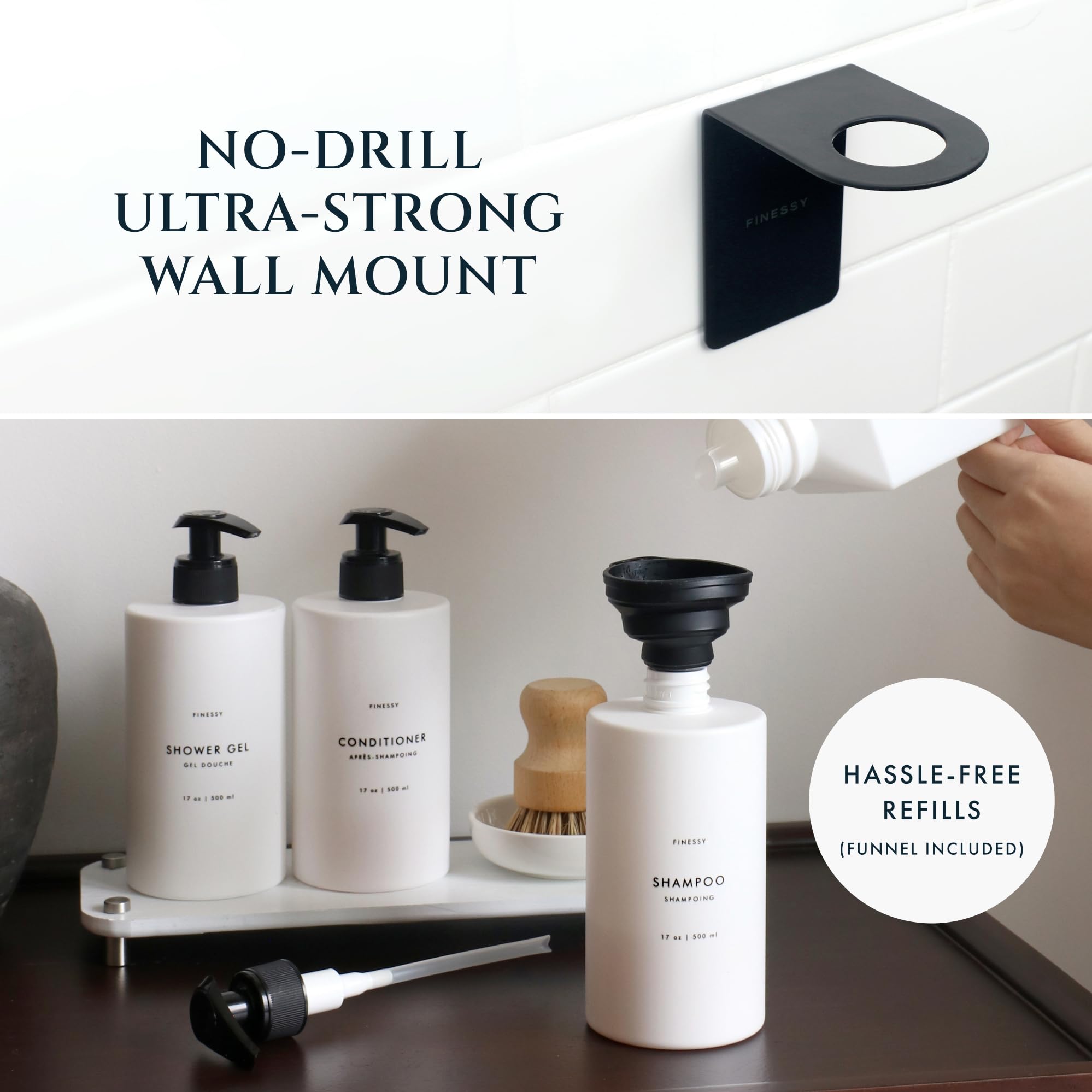No Drill Wall Mount Shampoo And Conditioner Dispenser For Shower Gel Body Wash Soap Bottle Container Pump Luxe White Refillable