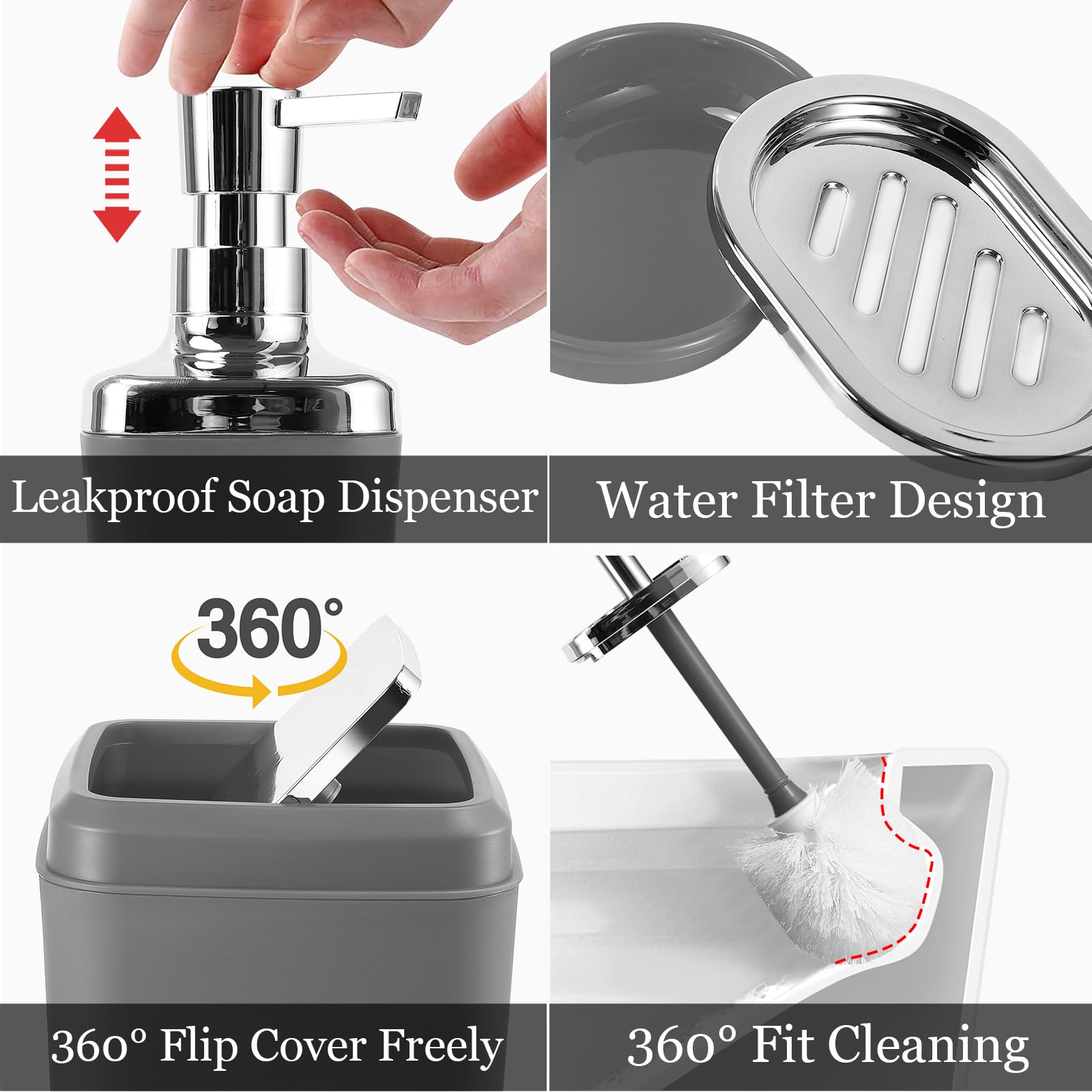 Grey Bathroom Accessories Set, 9-Piece Bathroom Accessory Set With Trash Can, Vanity Tray, Soap Dispenser, Soap Dish, Toothbrush