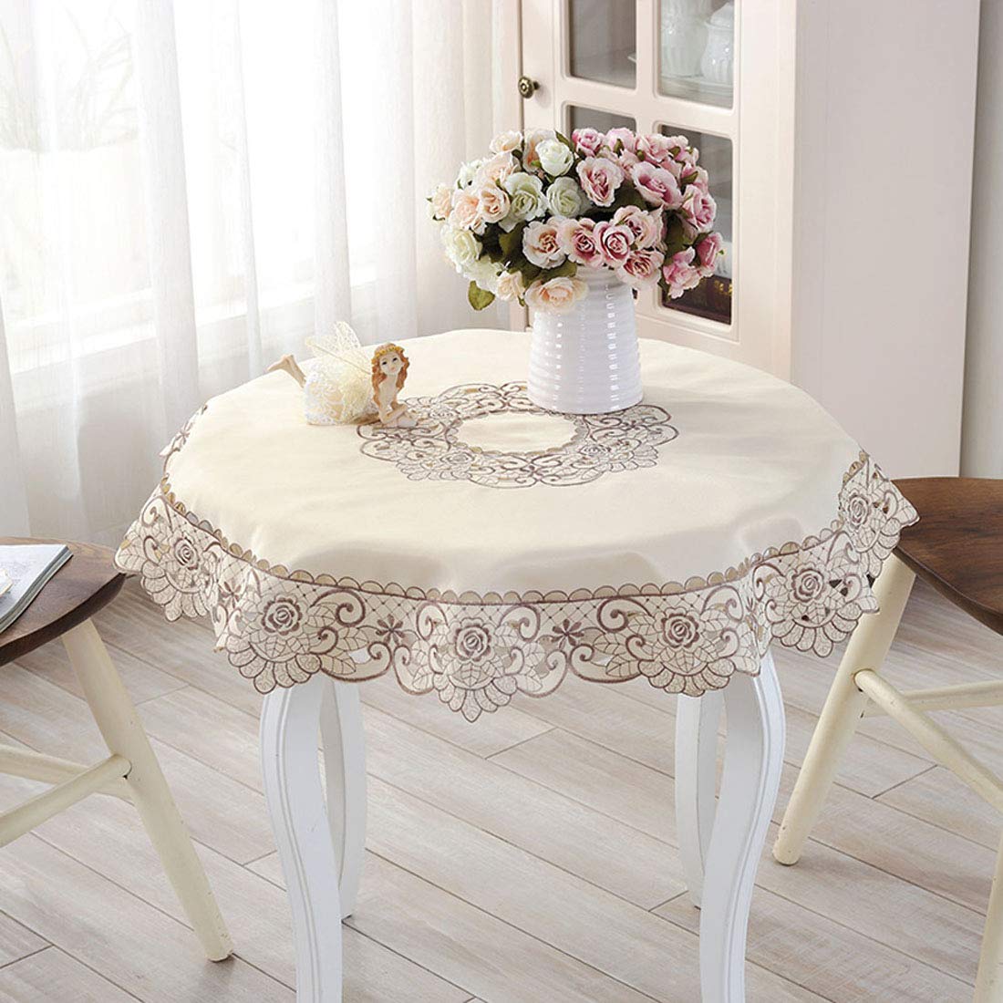 Lelehome 57'' Round Brown Flower Embroidered Beige Tablecloth, Classic Vintage Damask Lace White Table Cloth For Home Kitchen Re