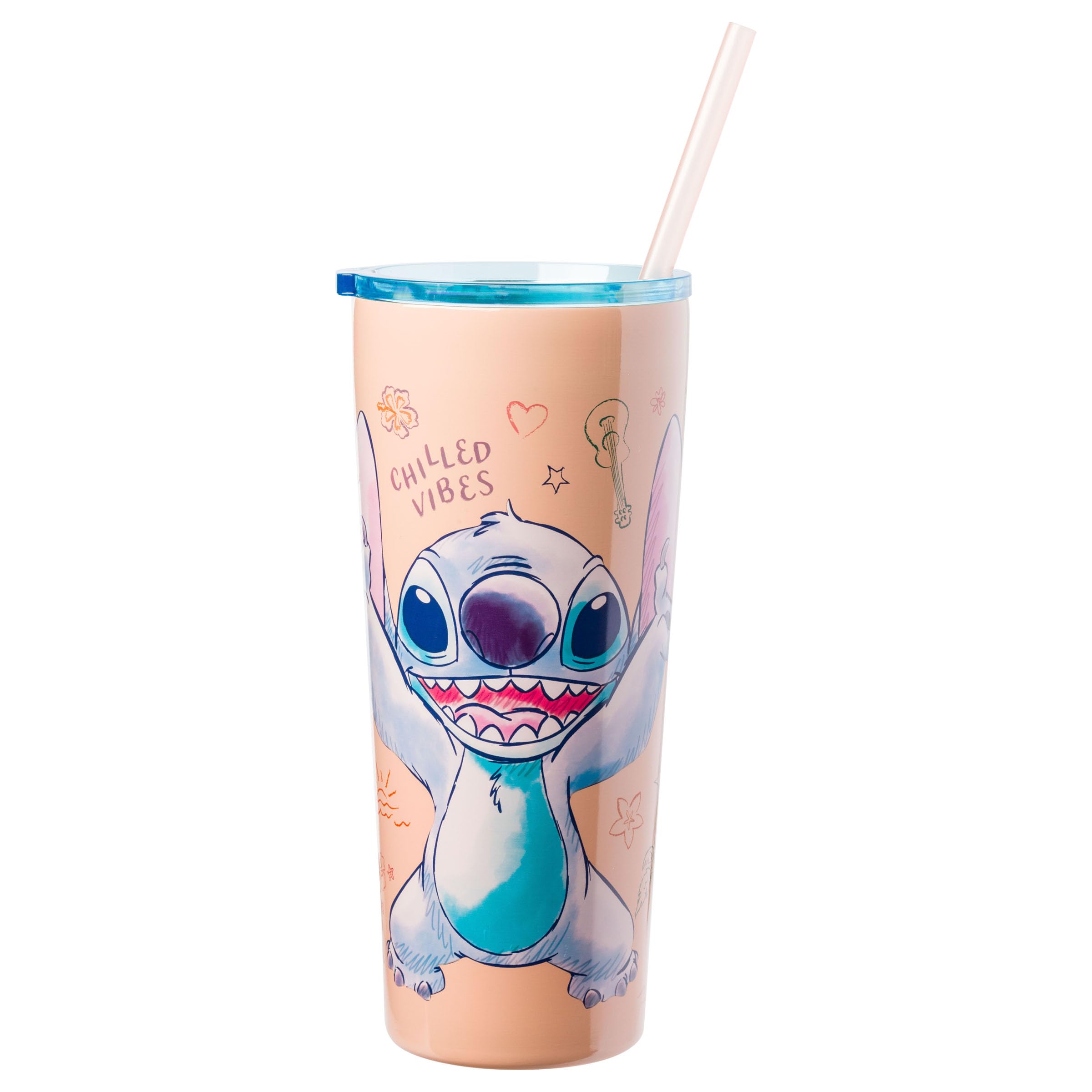 Silver Buffalo Disney Lilo And Stitch Island Doodles Chilled Vibes Double Walled Stainless Steel Tumbler With Straw, 22 Ounces