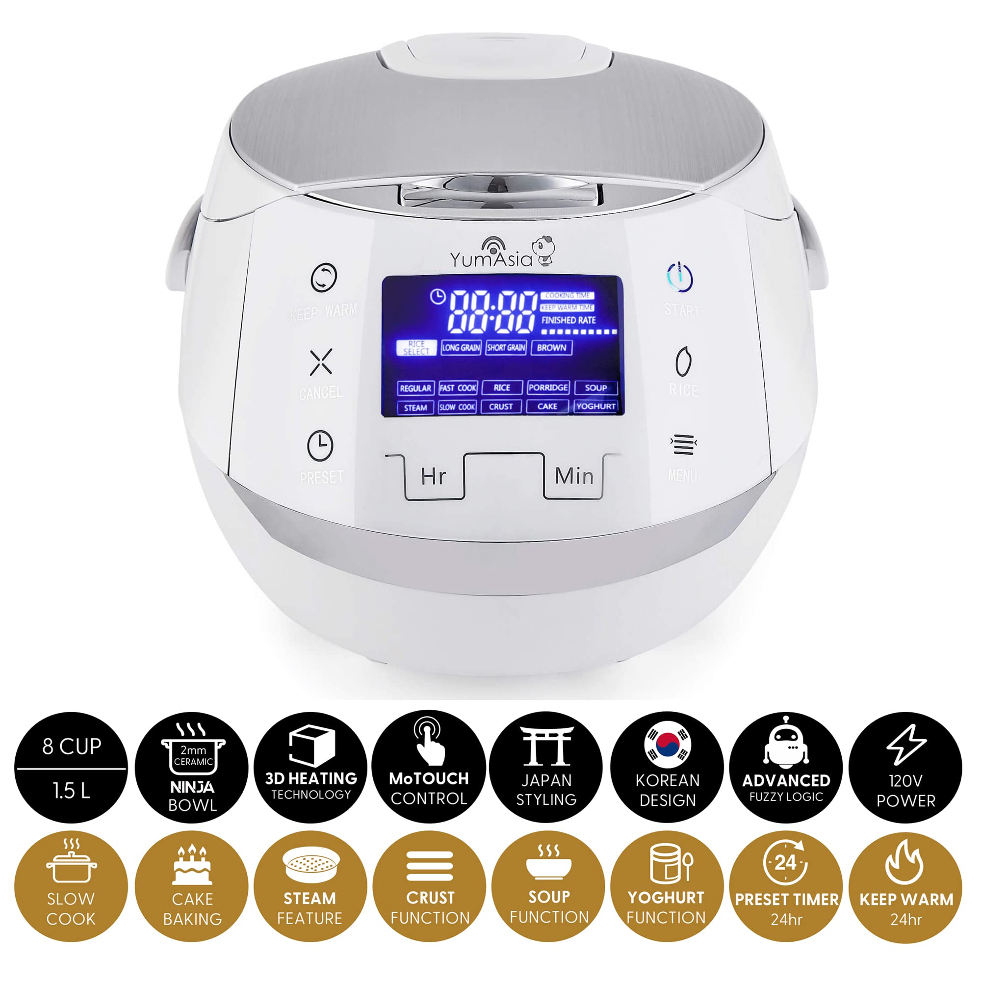 Yum Asia Sakura Rice Cooker, 8 Cup, Fuzzy Logic, 120V, White and Silver, Model YUM-EN15WUS, 6 Rice & Multicook Functions