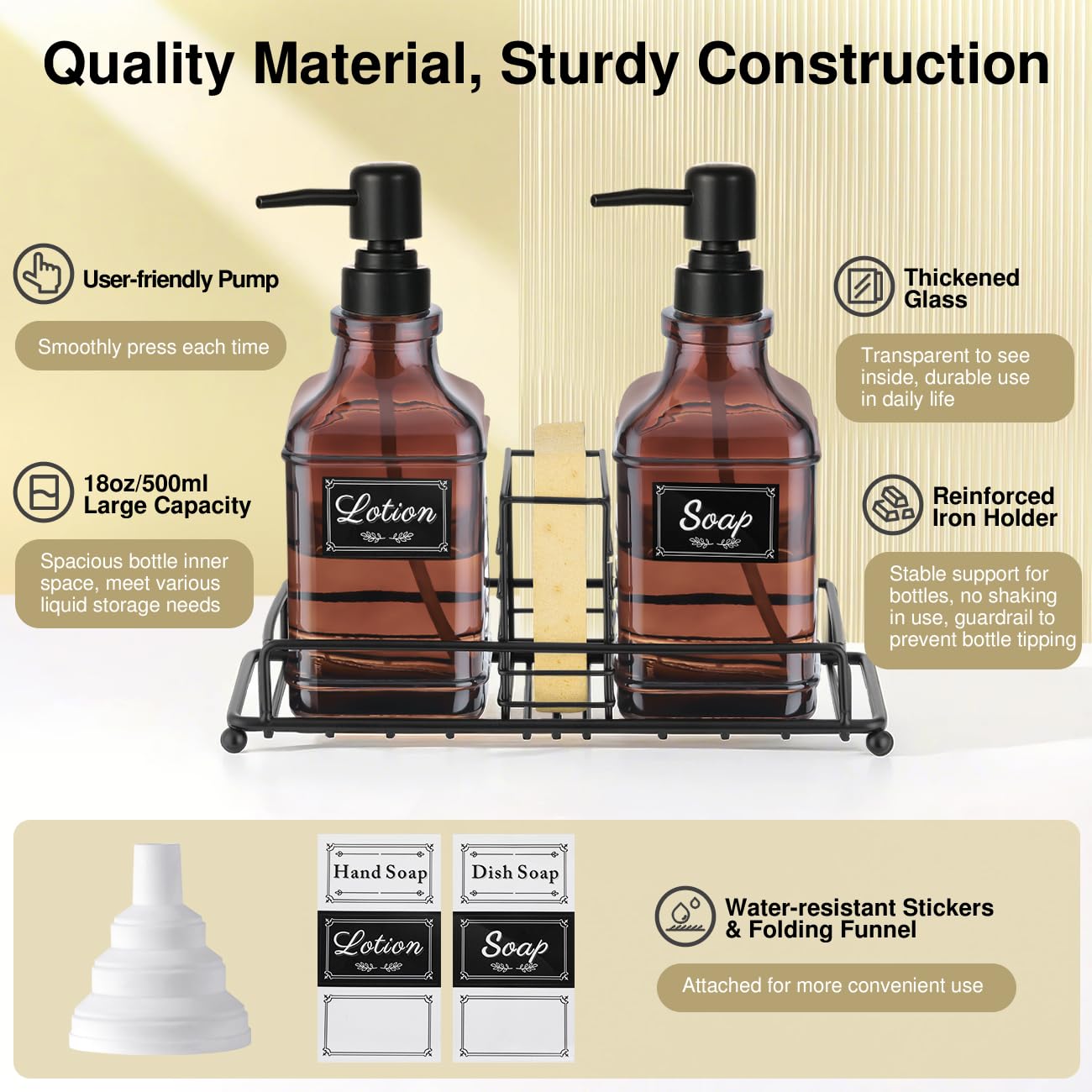 Hand And Dish Soap Dispenser Set, Kitchen Soap Dispenser Set With Tray, 2 Pack Thick Glass Soap And Lotion Dispenser For Kitchen
