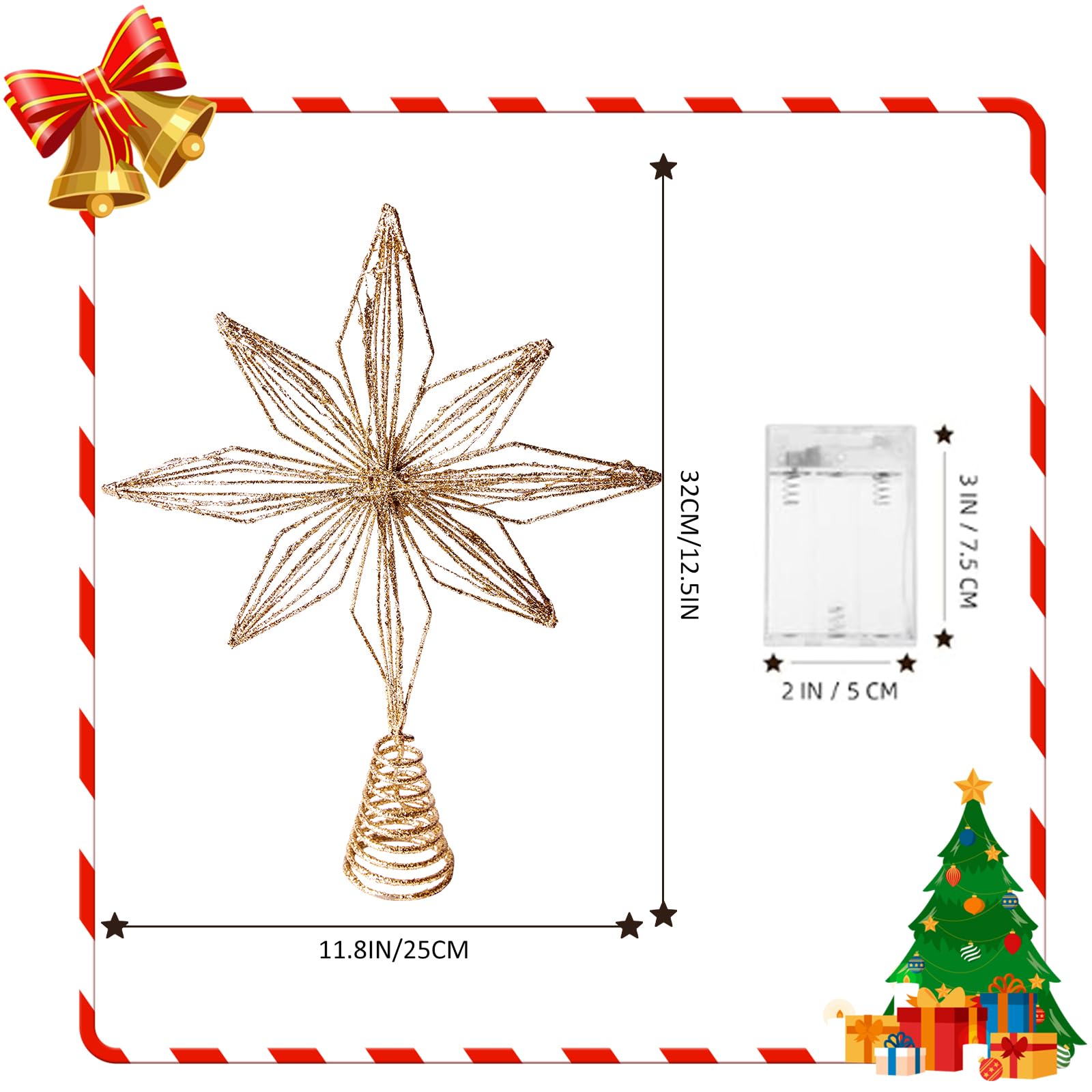Christmas Tree Topper 10 Golden Glittered Star Tree Topper with 30 LED Lights Xmas Tree Topper Star for Xmas Decorations Ornamen