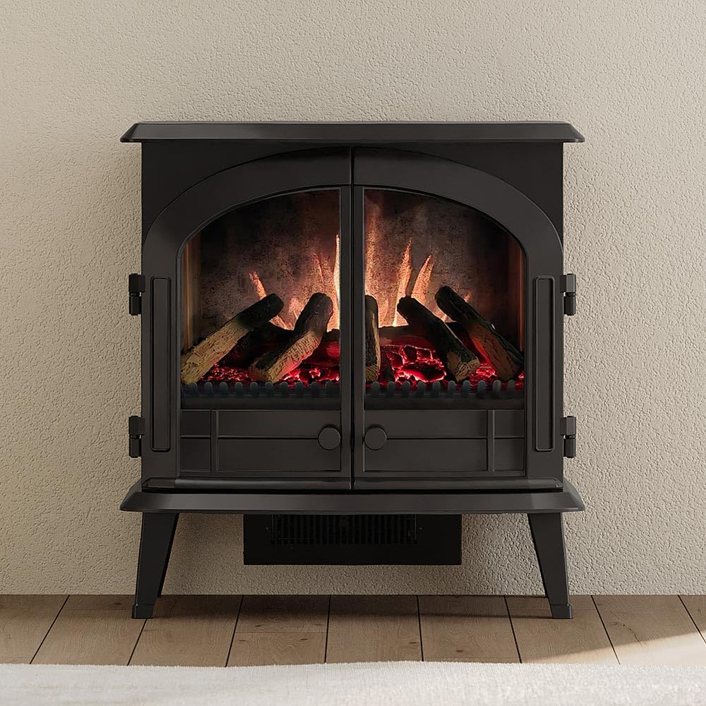 Modern Ember Freestanding Electric Fireplace Stove Heater in Black with Multi-Color Ember Bed | Smart Technology | WiFi App, Ale