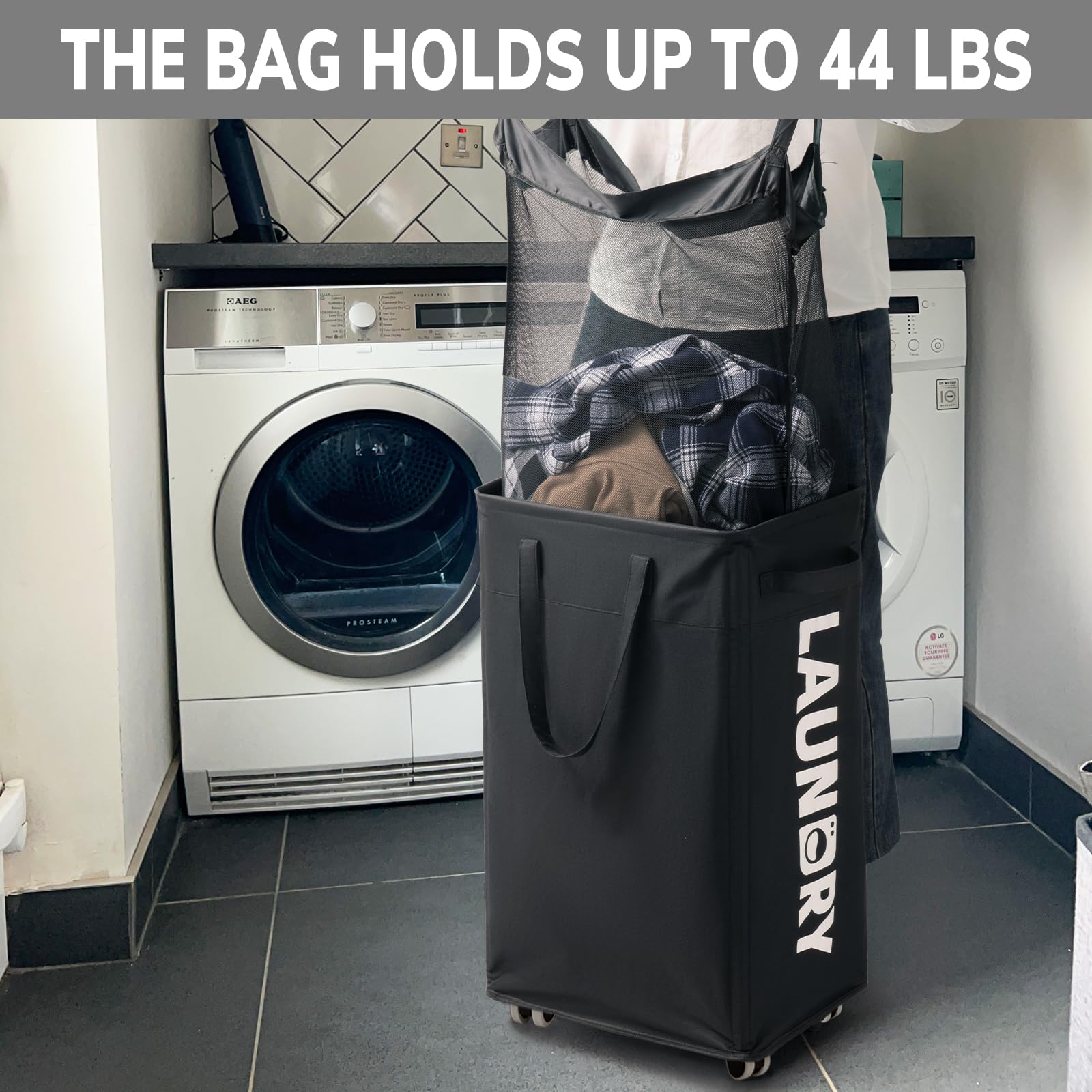 Goodpick Laundry Basket With Wheels, 2-Pack 75L Rolling Laundry Hamper With Removable Wash Bags, Collapsible Laundry Basket For