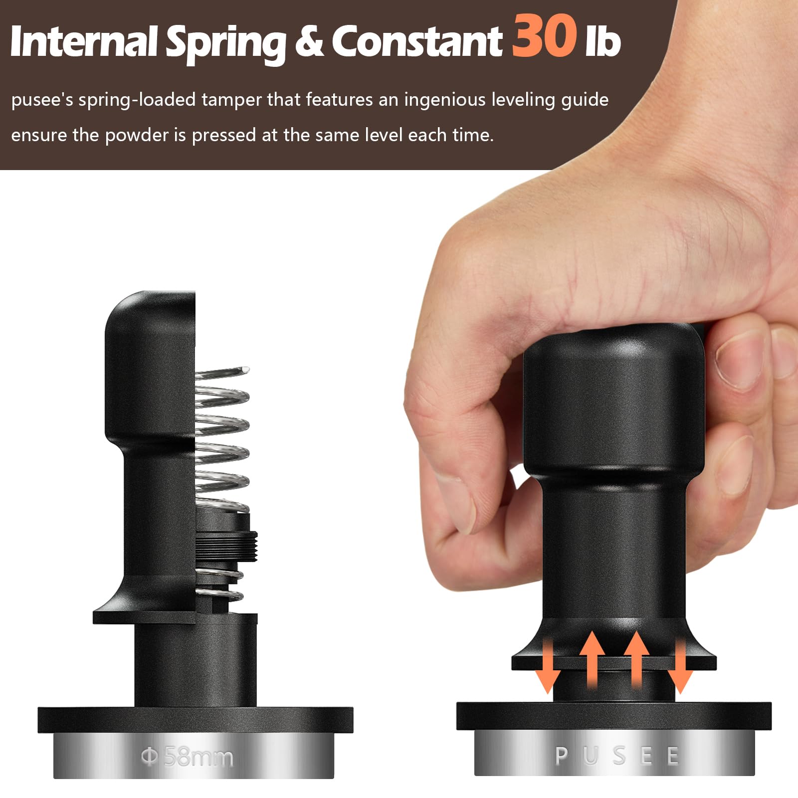 Pusee 58Mm Espresso Coffee Tamper,Premium Calibrated Espresso Tamper 30Lb Coffee Tamper With Spring Loaded,100% Stainless Steel