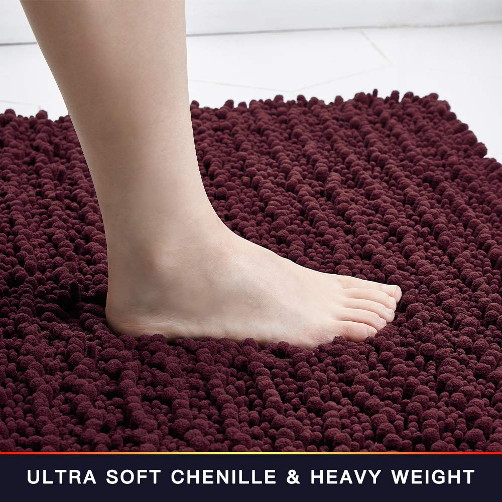 Walensee Bathroom Rug Non Slip Bath Mat (32X20 Inch Burgundy) Water Absorbent Super Soft Shaggy Chenille Machine Washable Dry Ex